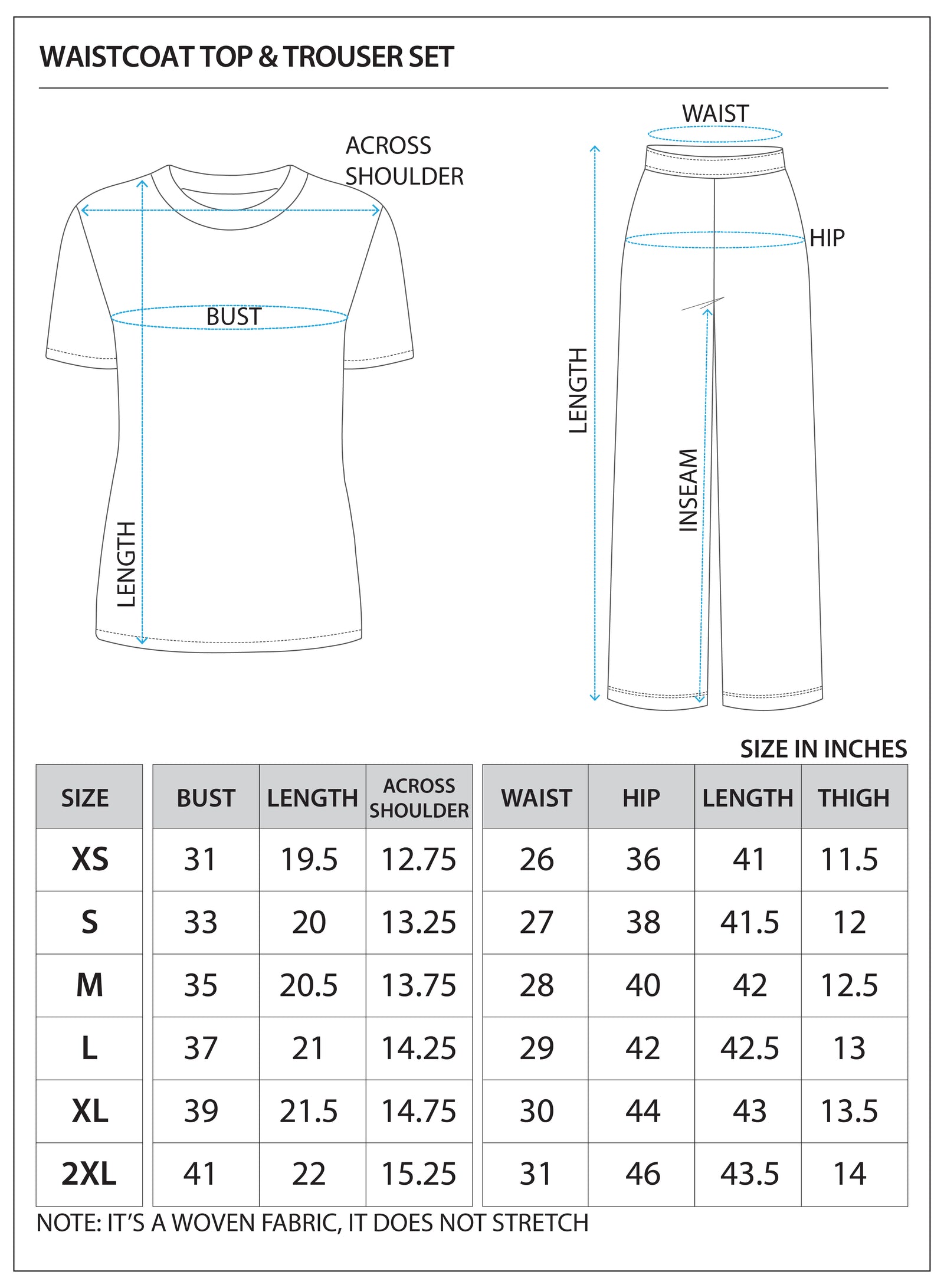 Size chart for WAIST COAT TOP & TROUSER SET