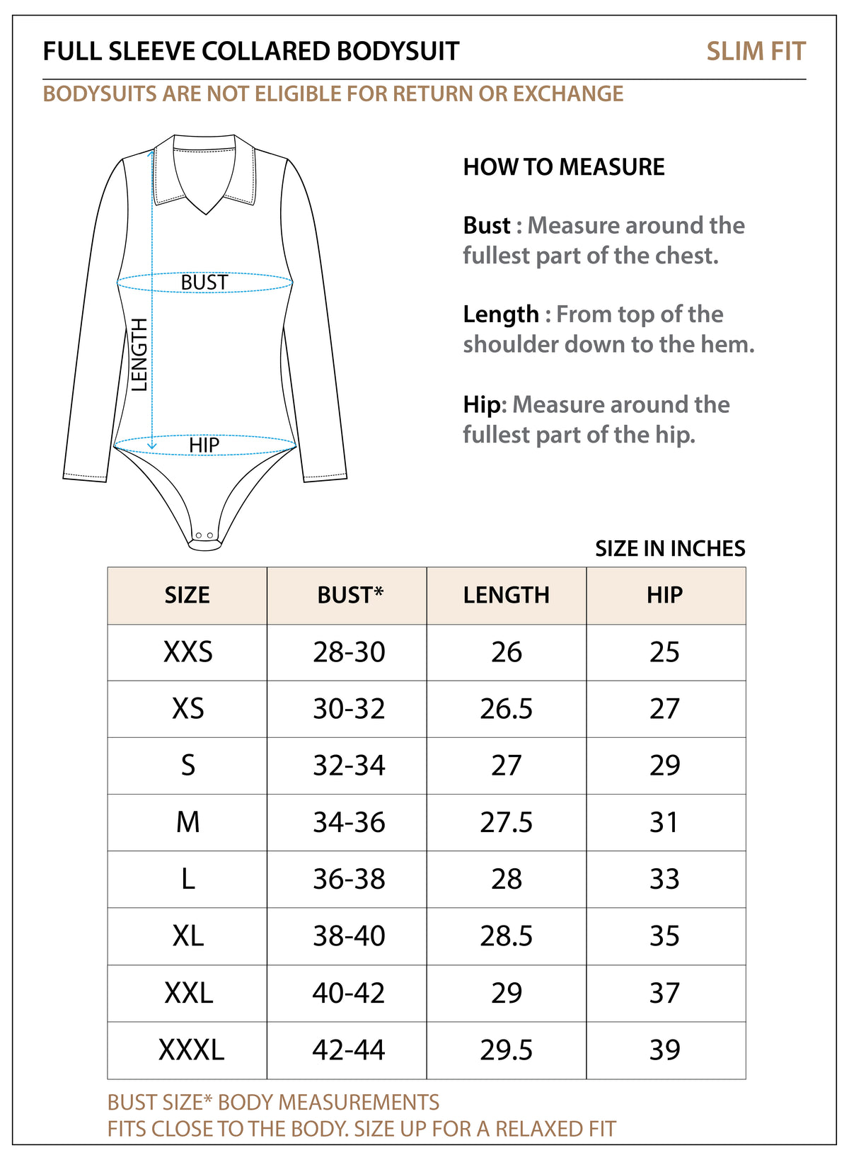 Size chart for Collared Bodysuit