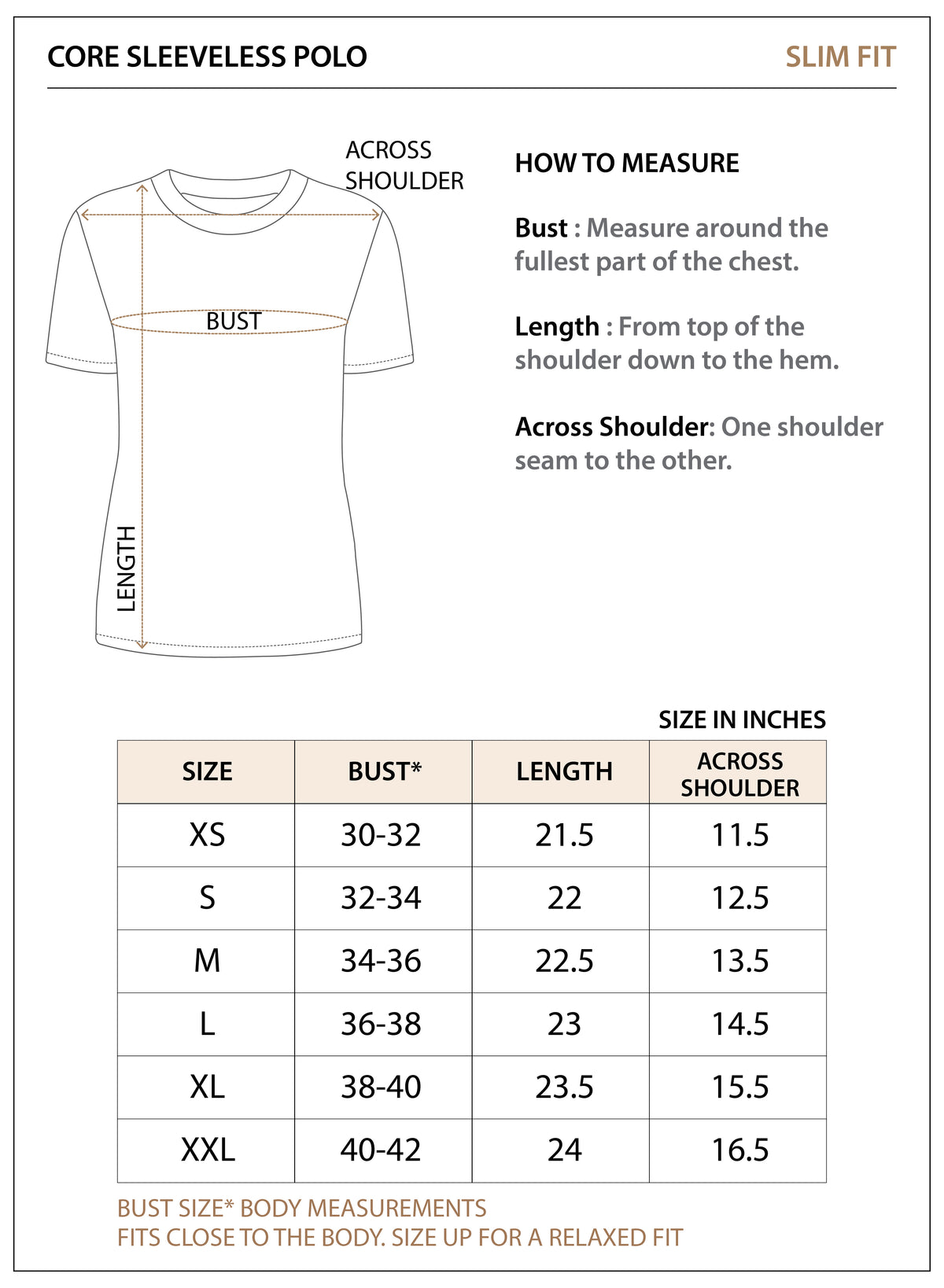 Size chart for Core Sleeveless Polo
