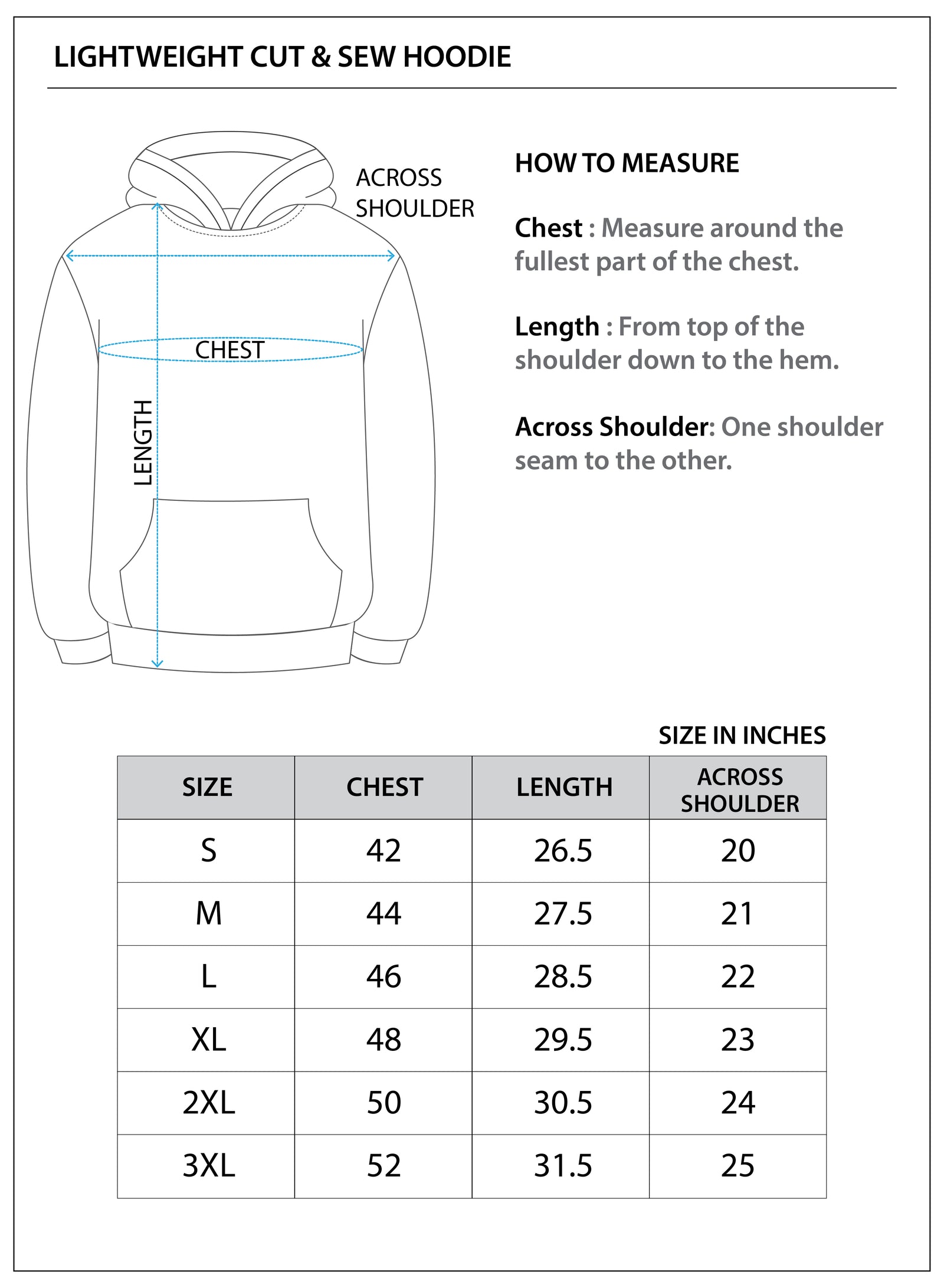 Size chart for Light Knit Cotton Terry Hoodie