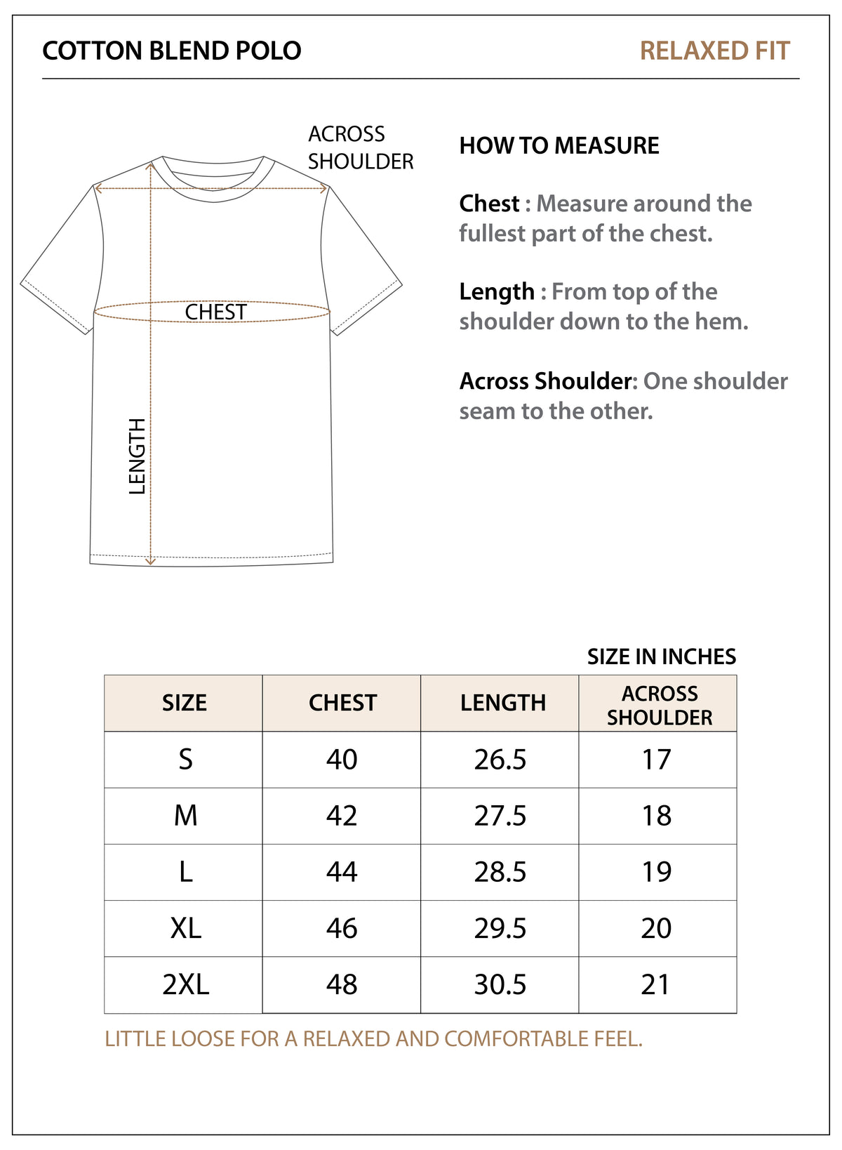 Size chart for 220 GSM Cotton-Blend Polo