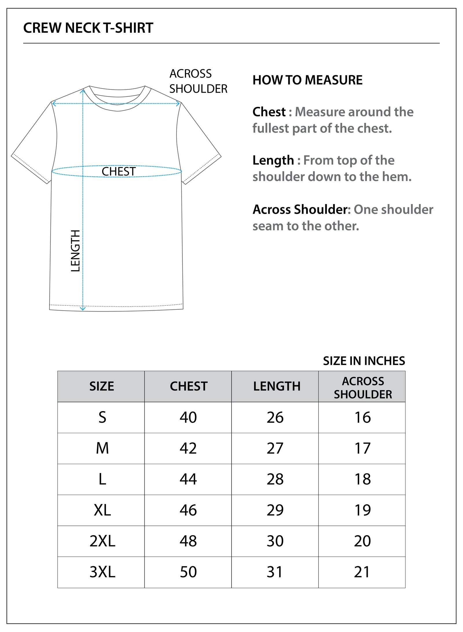 Size chart for Men's Printed T-Shirt