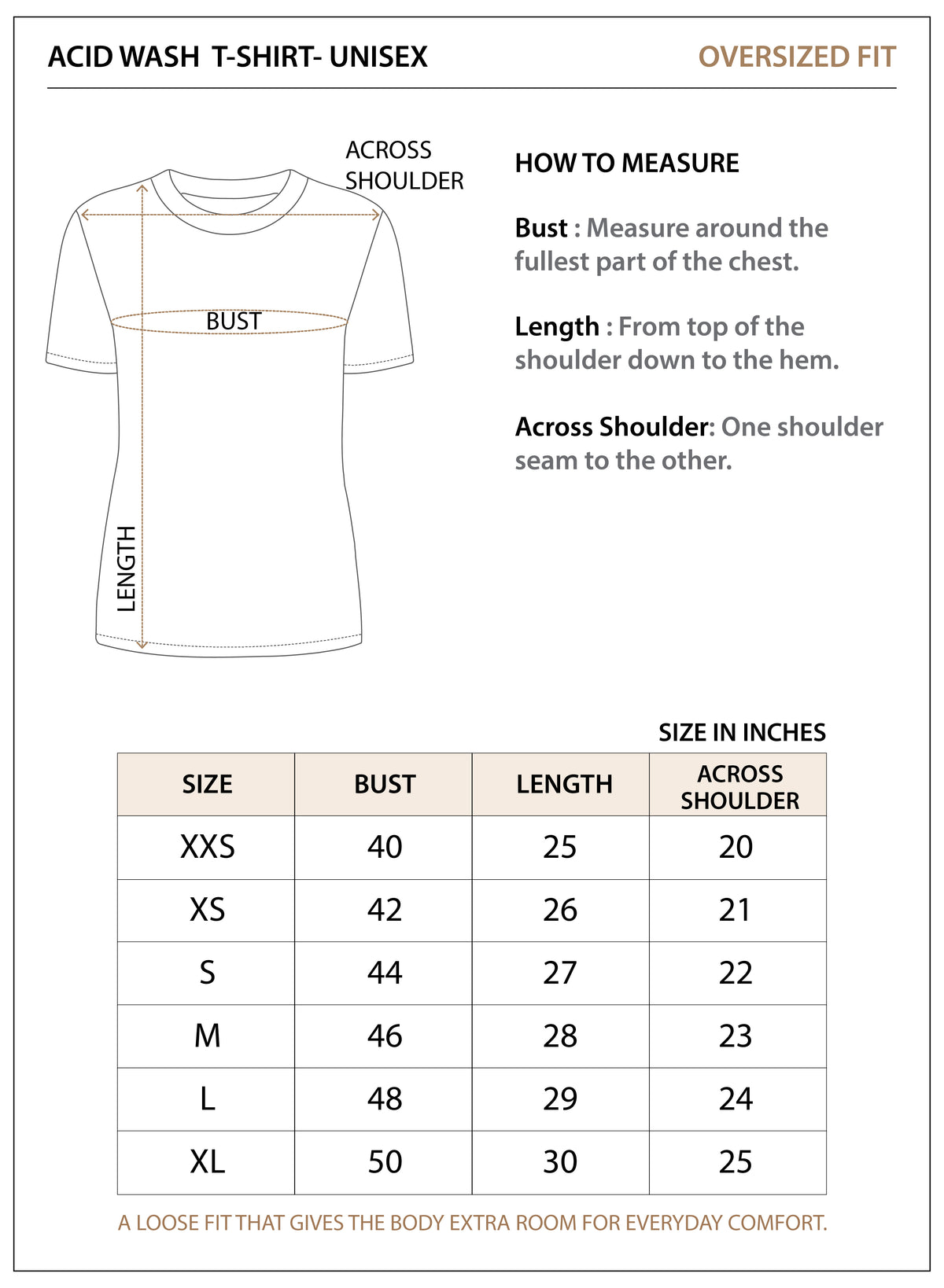Size chart for Premium Acid Wash T-Shirt-Unisex