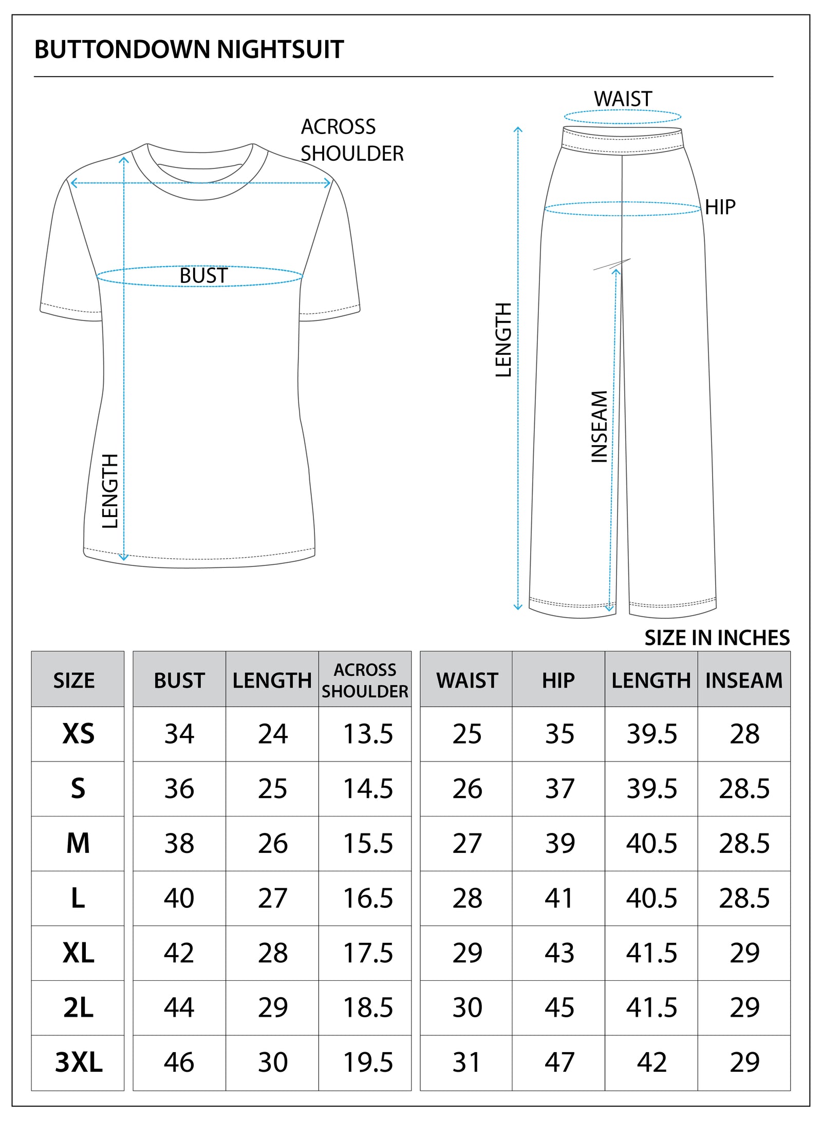 Size chart for BUTTON DOWN NIGHTSUIT||100% Cotton