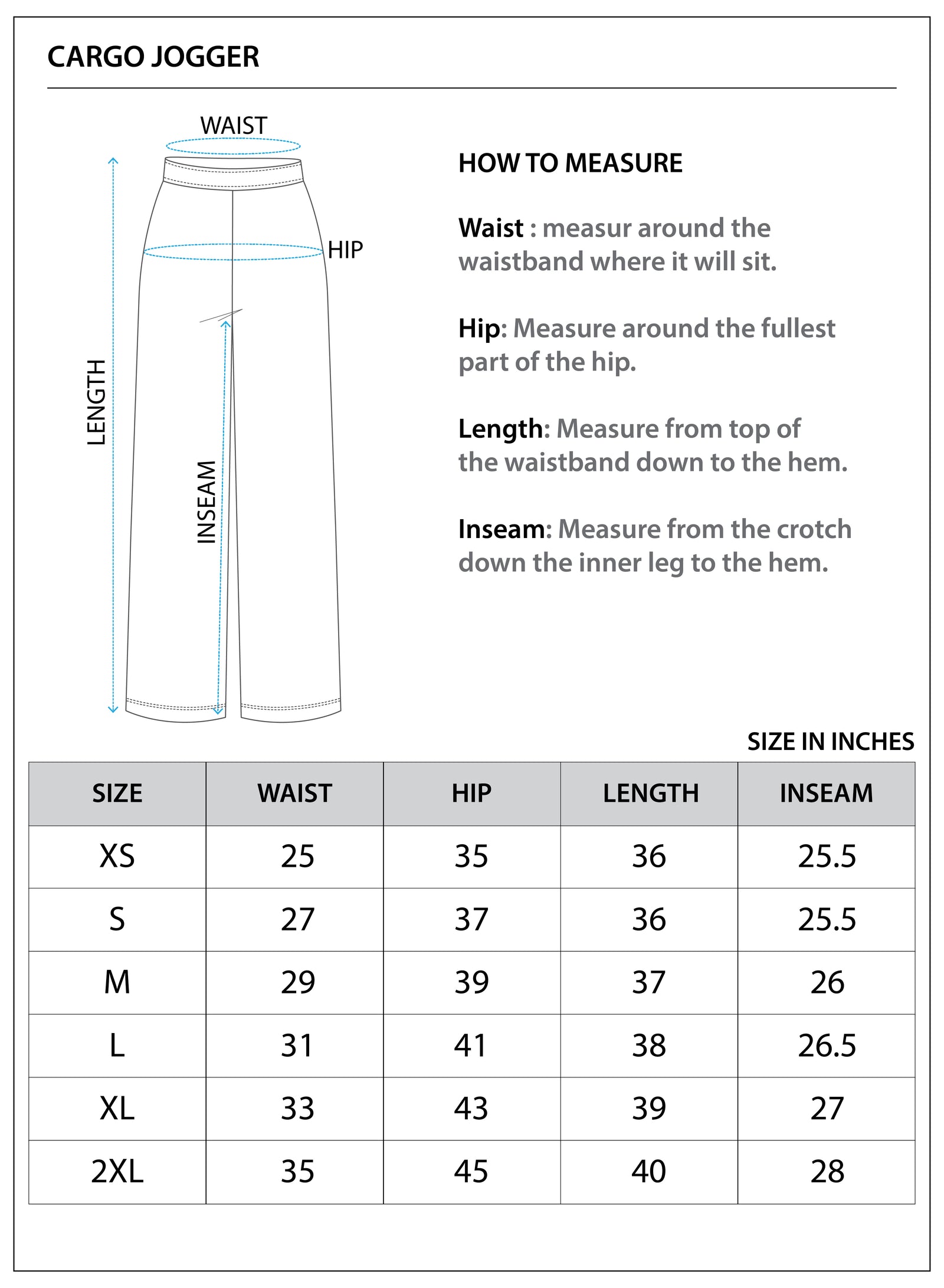 Size chart for Cargo Joggers||Womens