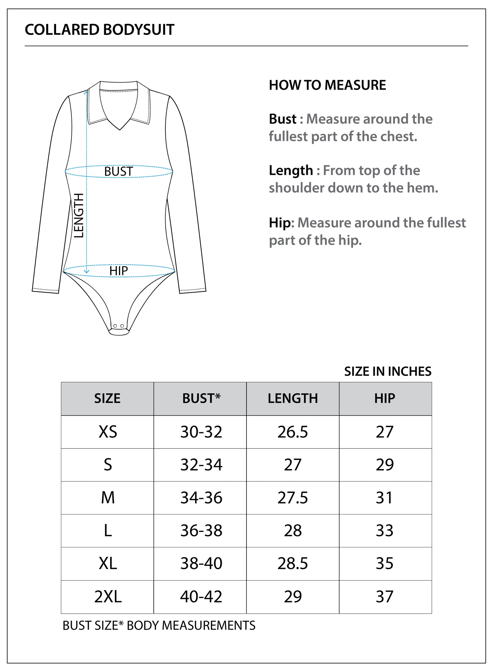 Size chart for COLLARED BODYSUIT