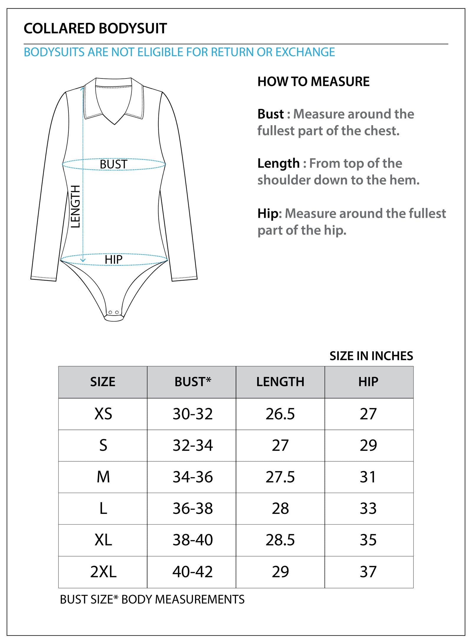 Size chart for COLLARED BODYSUIT