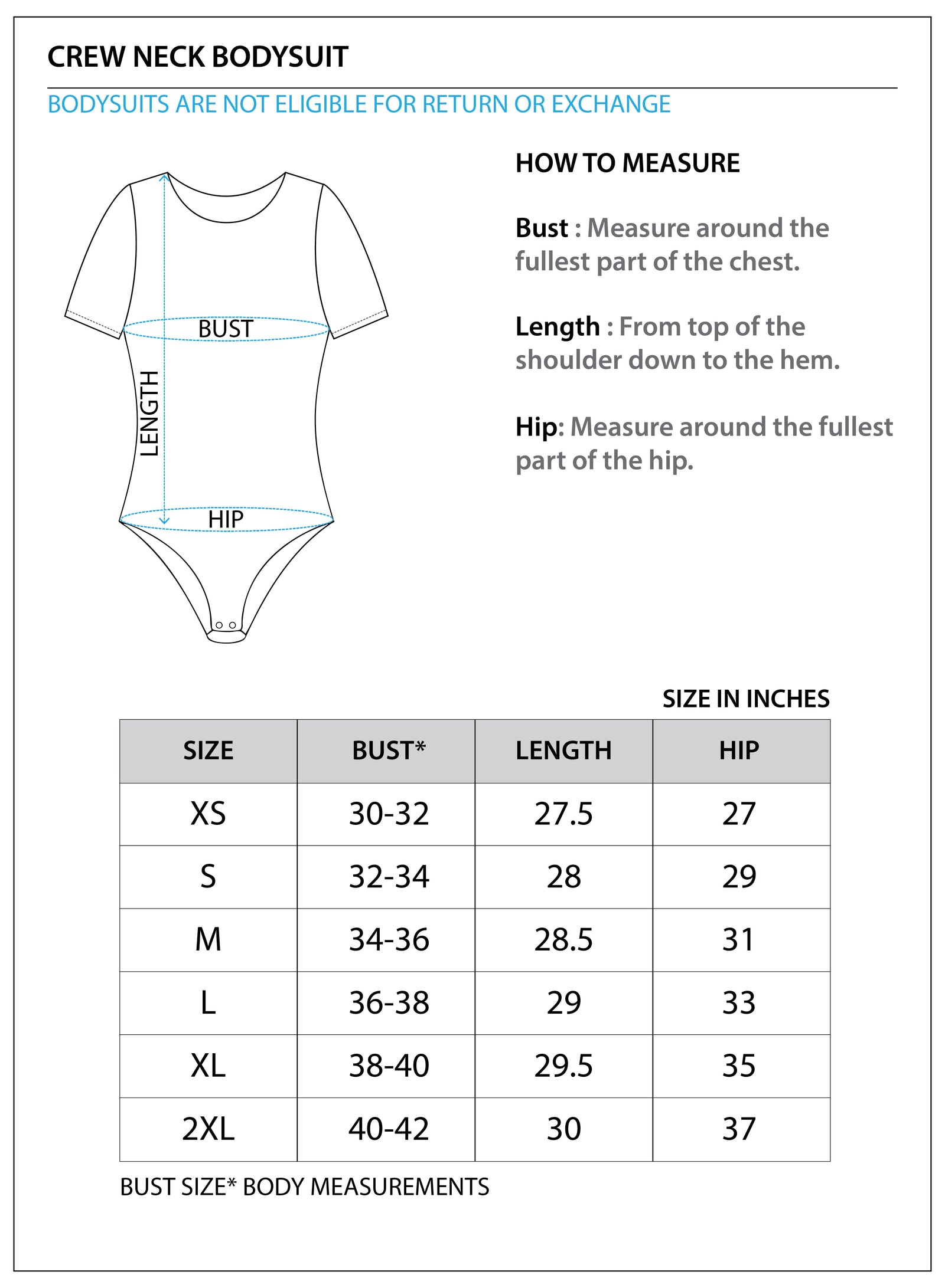 Size chart for Crew Neck Cotton Bodysuit