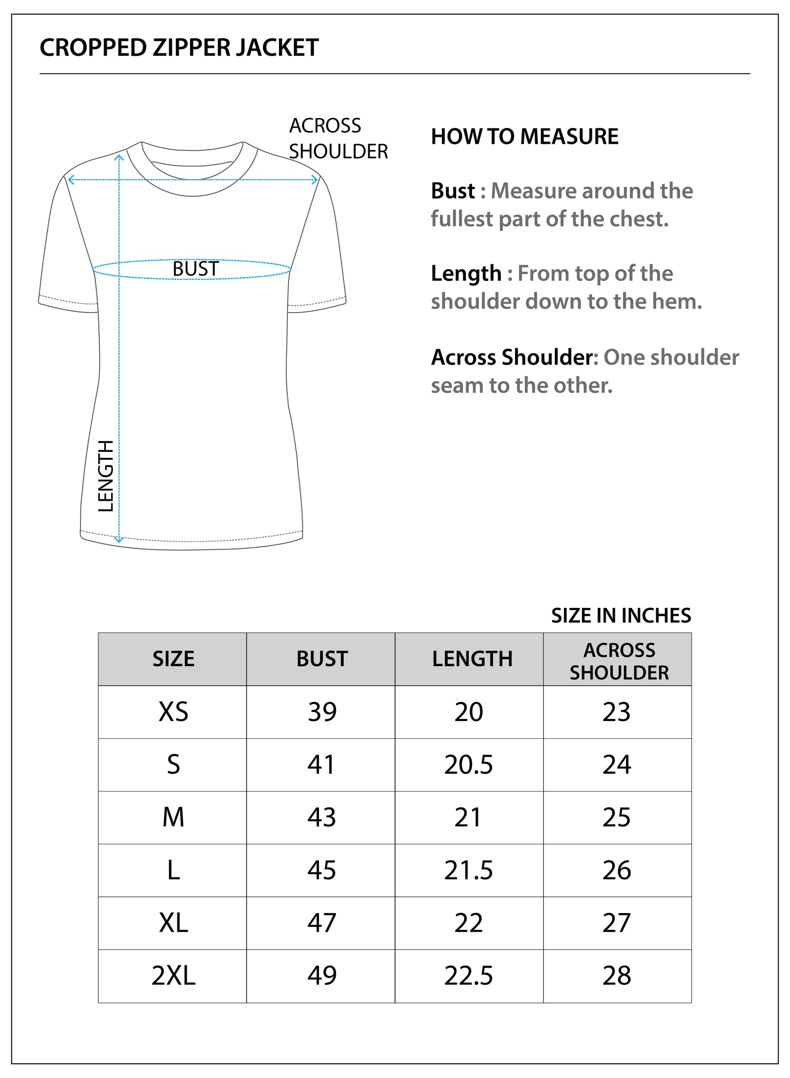 Size chart for Cropped Zipper Jacket