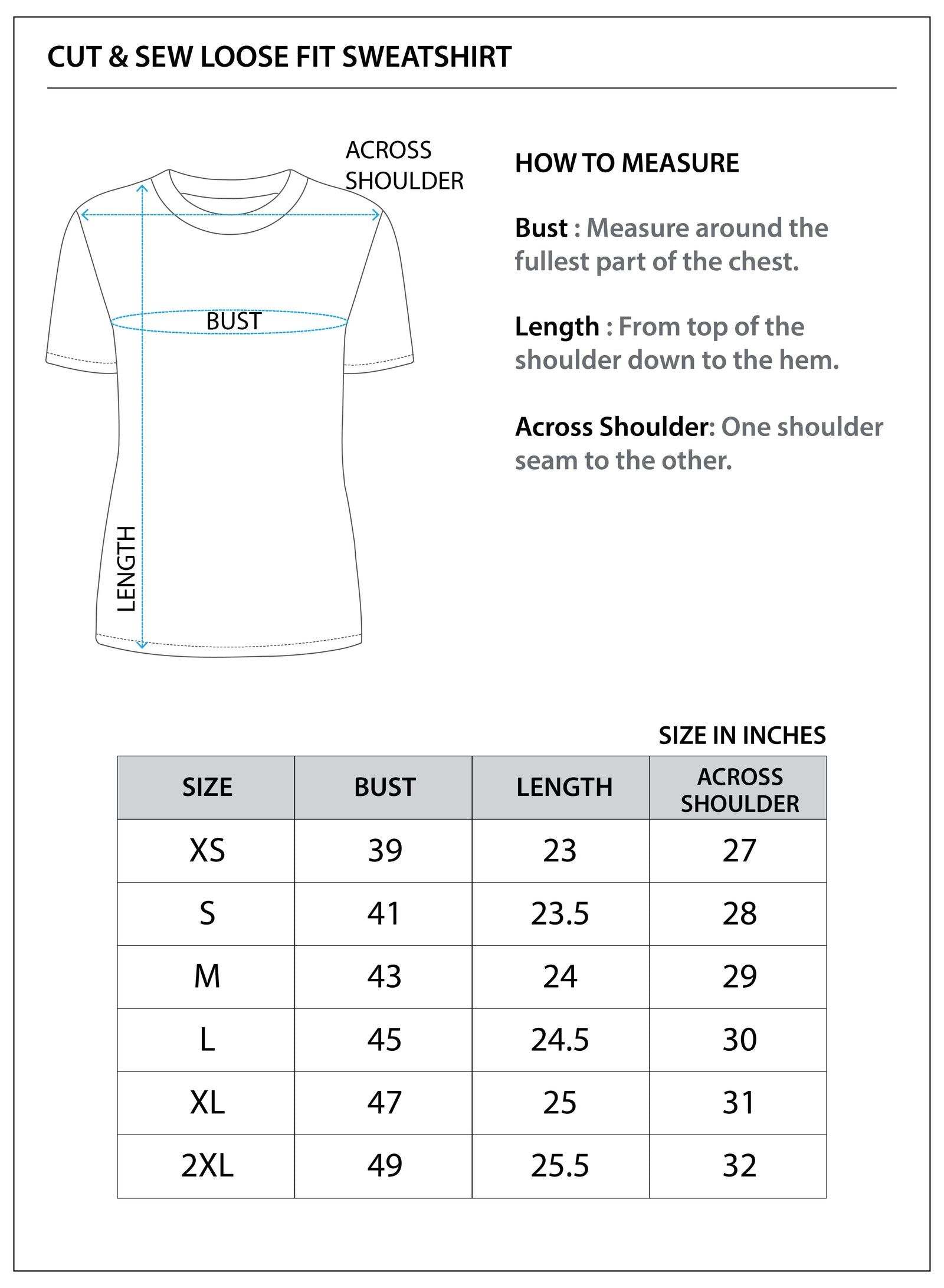 Size chart for Colour Blocked Loose Fit Sweatshirt