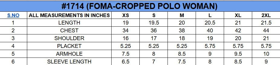 Size chart for Crop Polo||Womens||Oneway