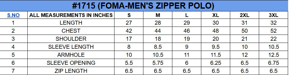 Size chart for Textured Zipper Polo||Mens||100% Cotton