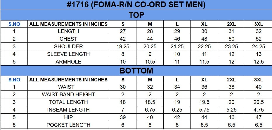 Size chart for Loose Fit Co-ord Set||Mens||Oneway