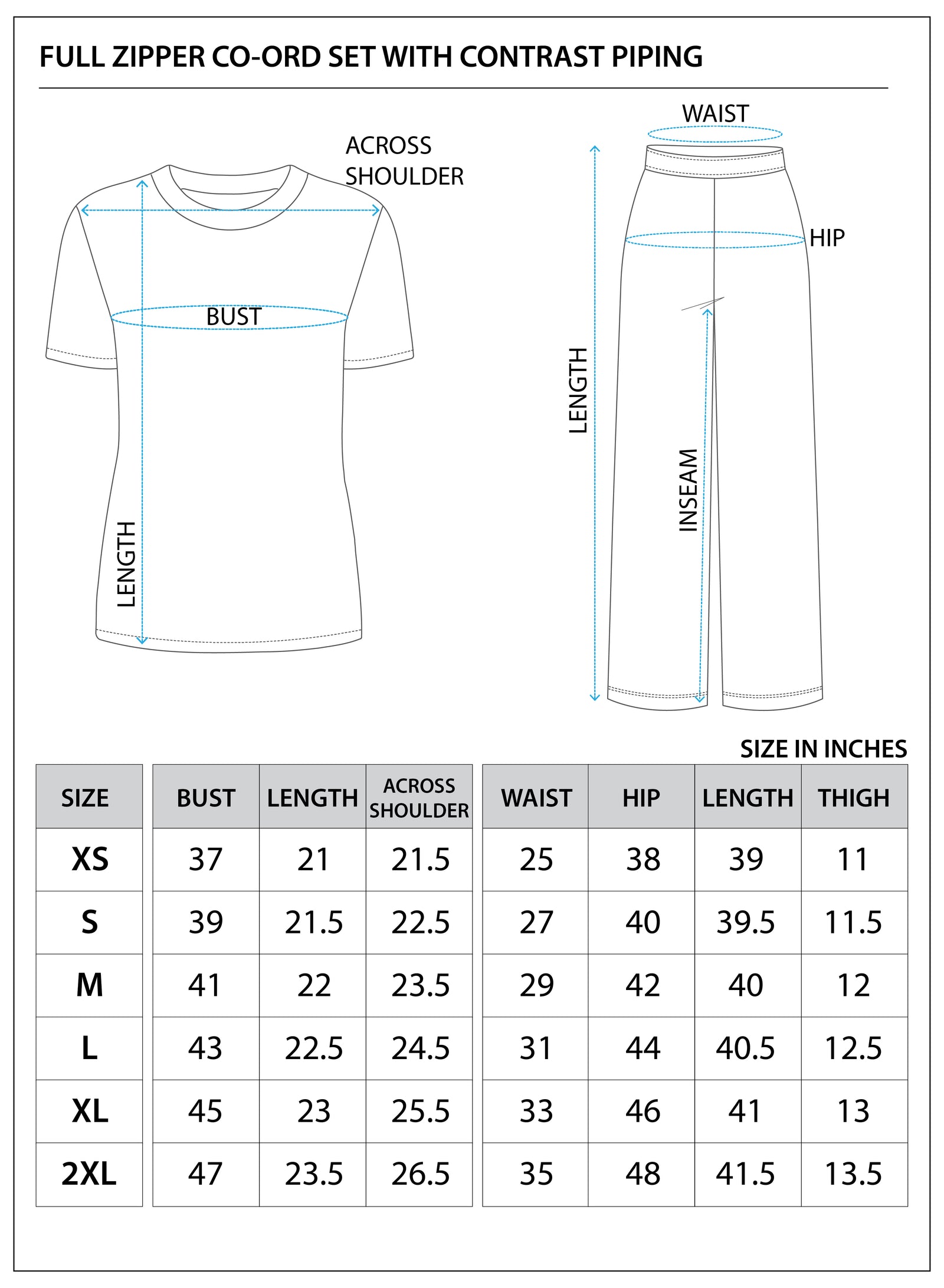 Size chart for Heavyweight Full-Zip Fleece Set