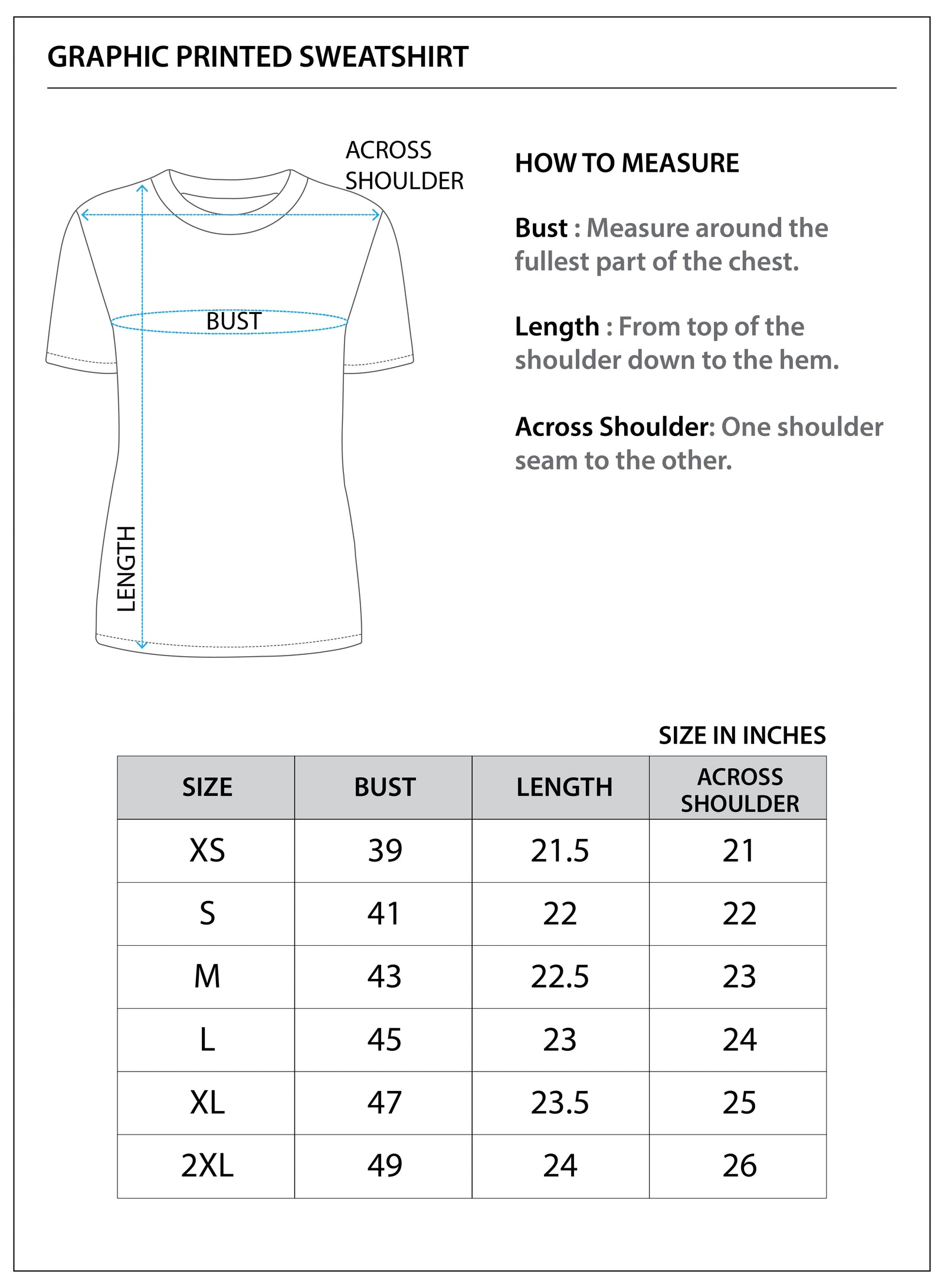 Size chart for Heavyweight Brushed Fleece Crew