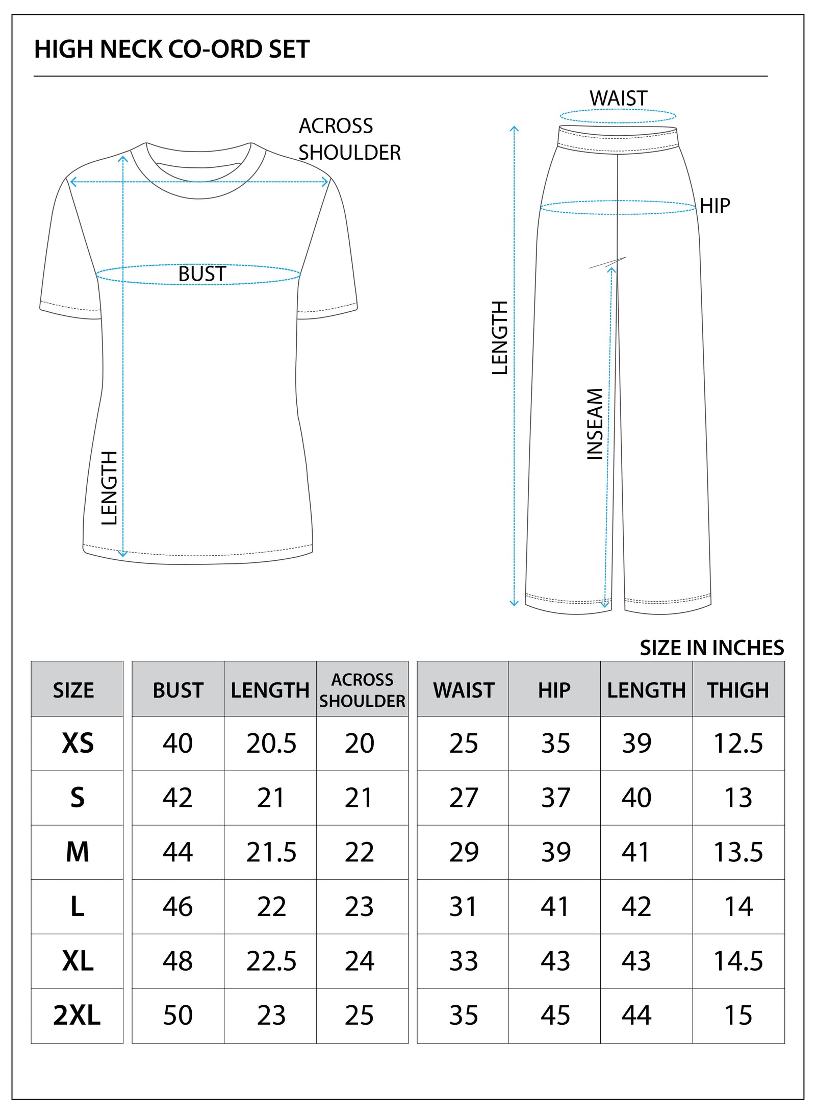 Size chart for Core High-Neck Set