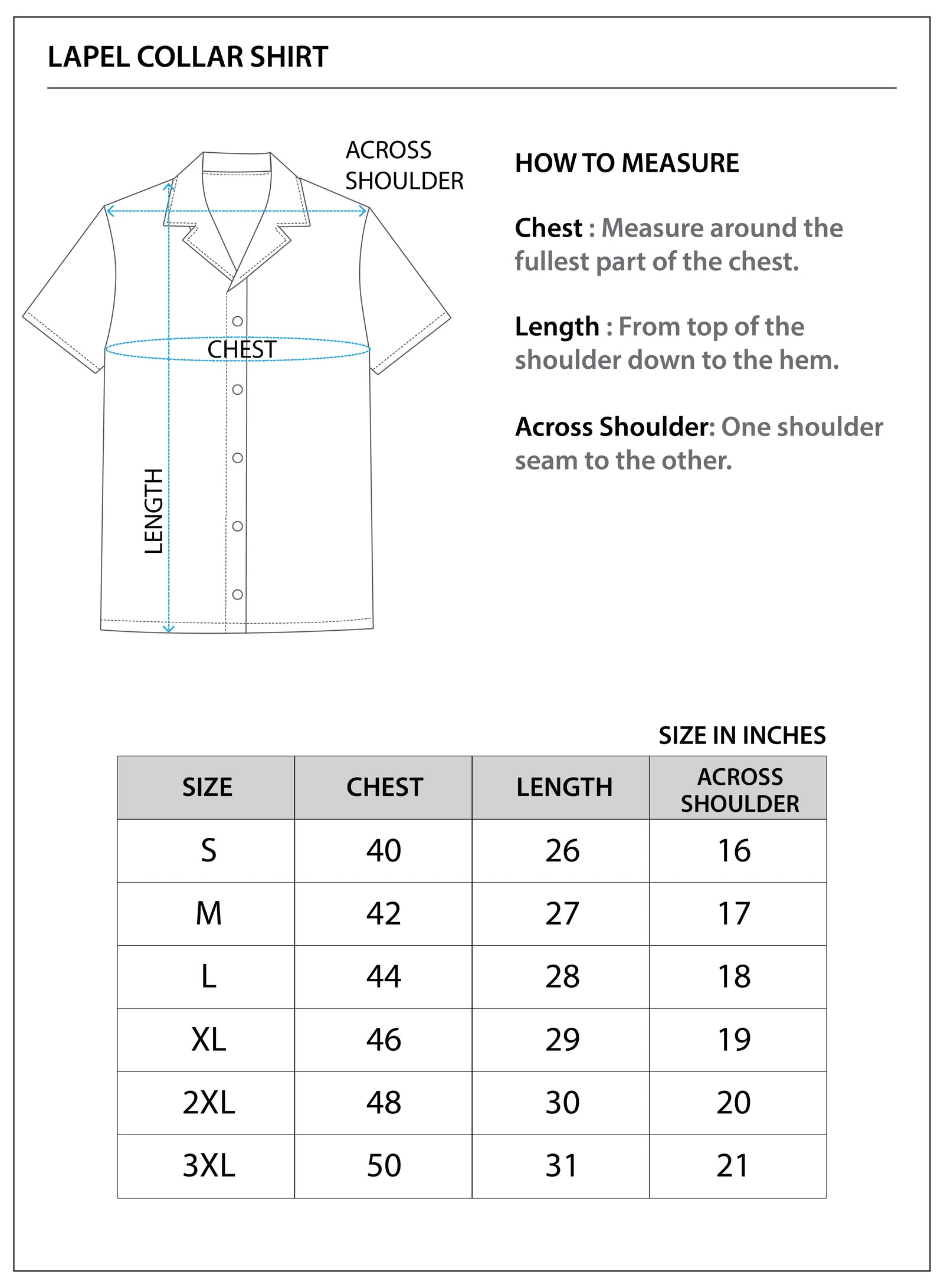 Size chart for SHIRT W/LAPEL