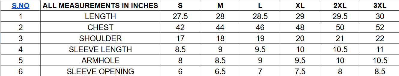 Size chart for Men's Embroidered Shirt||100% Cotton
