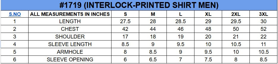 Size chart for Printed Half Sleeve Shirt||Men's||100% Cotton