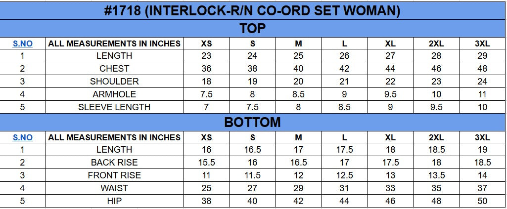Size chart for Oversized Co-Ord Set||Womens||100% Cotton