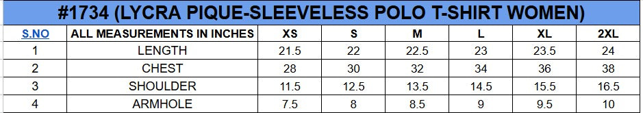 Size chart for Sleeveless Polo Top||Womens||Oneway