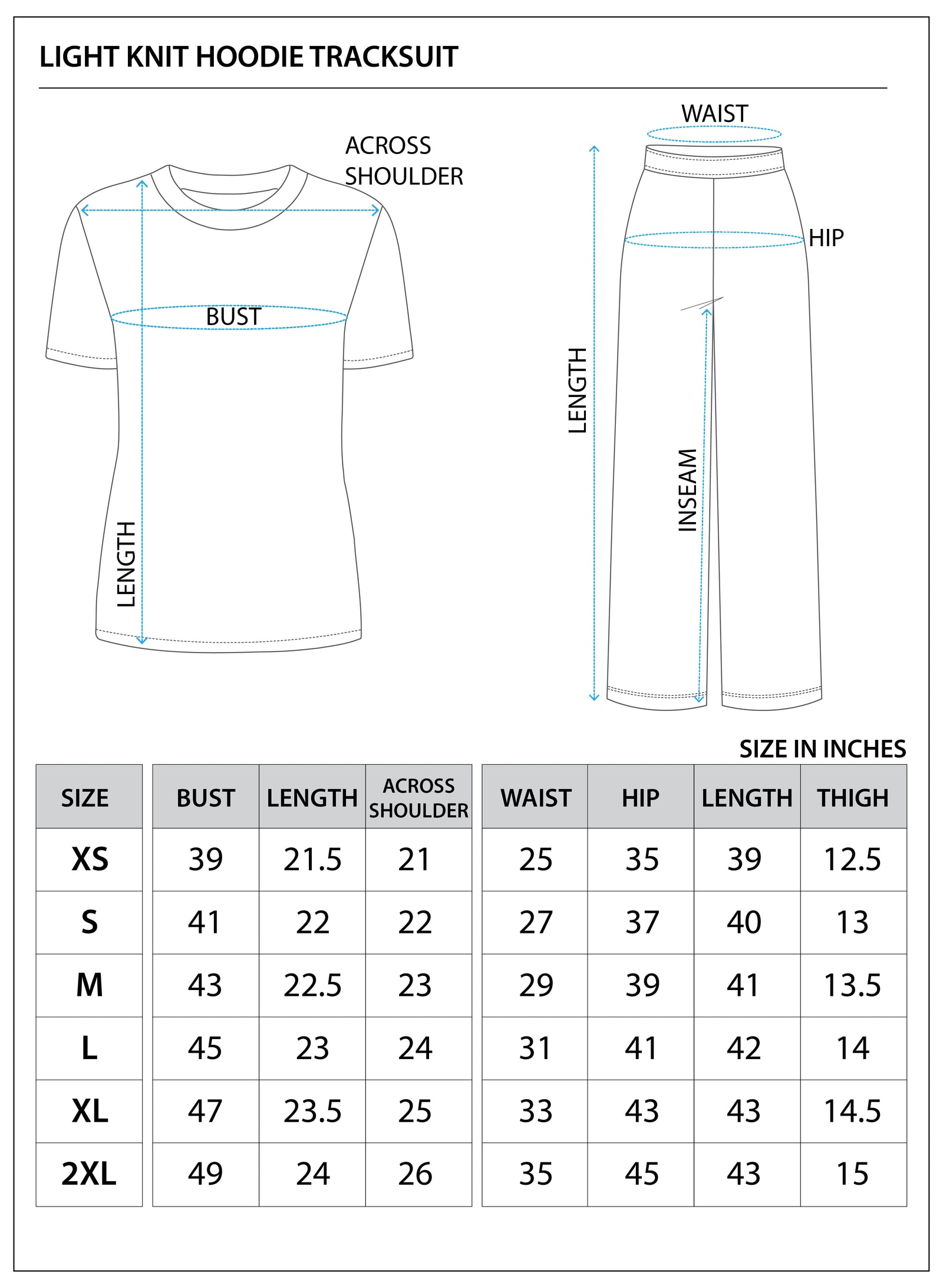 Size chart for The Core Terry Tracksuit