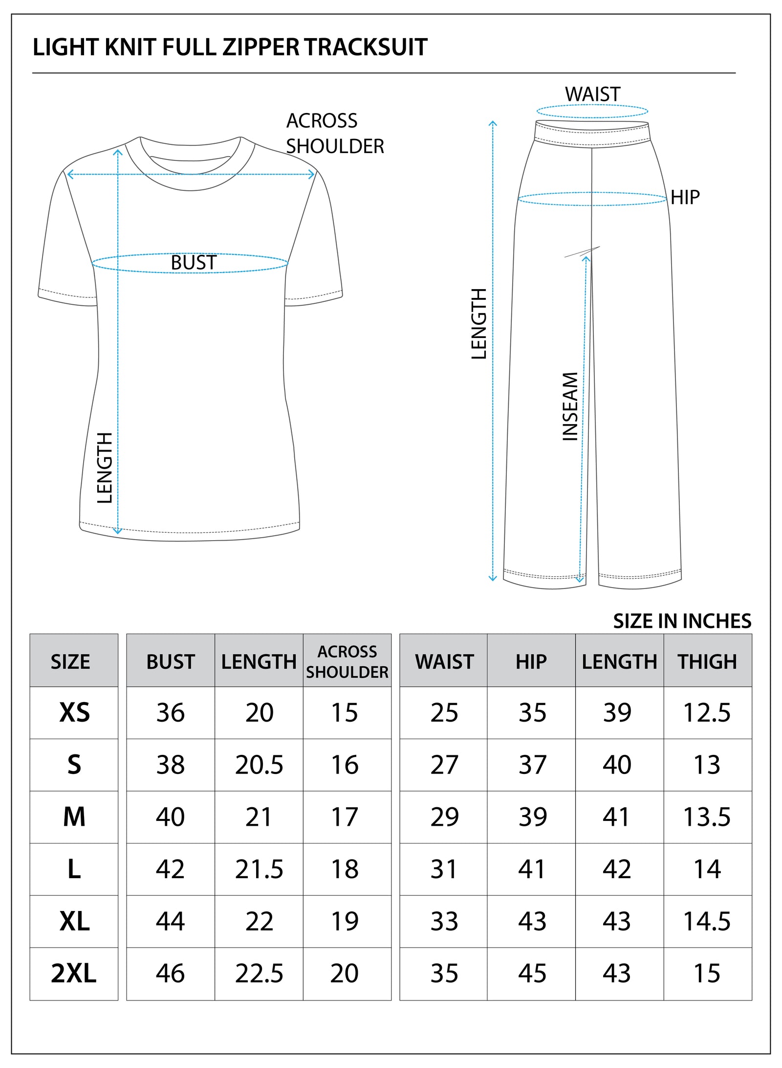 Size chart for Light Knit Full-Zip Jacket & Jogger Set