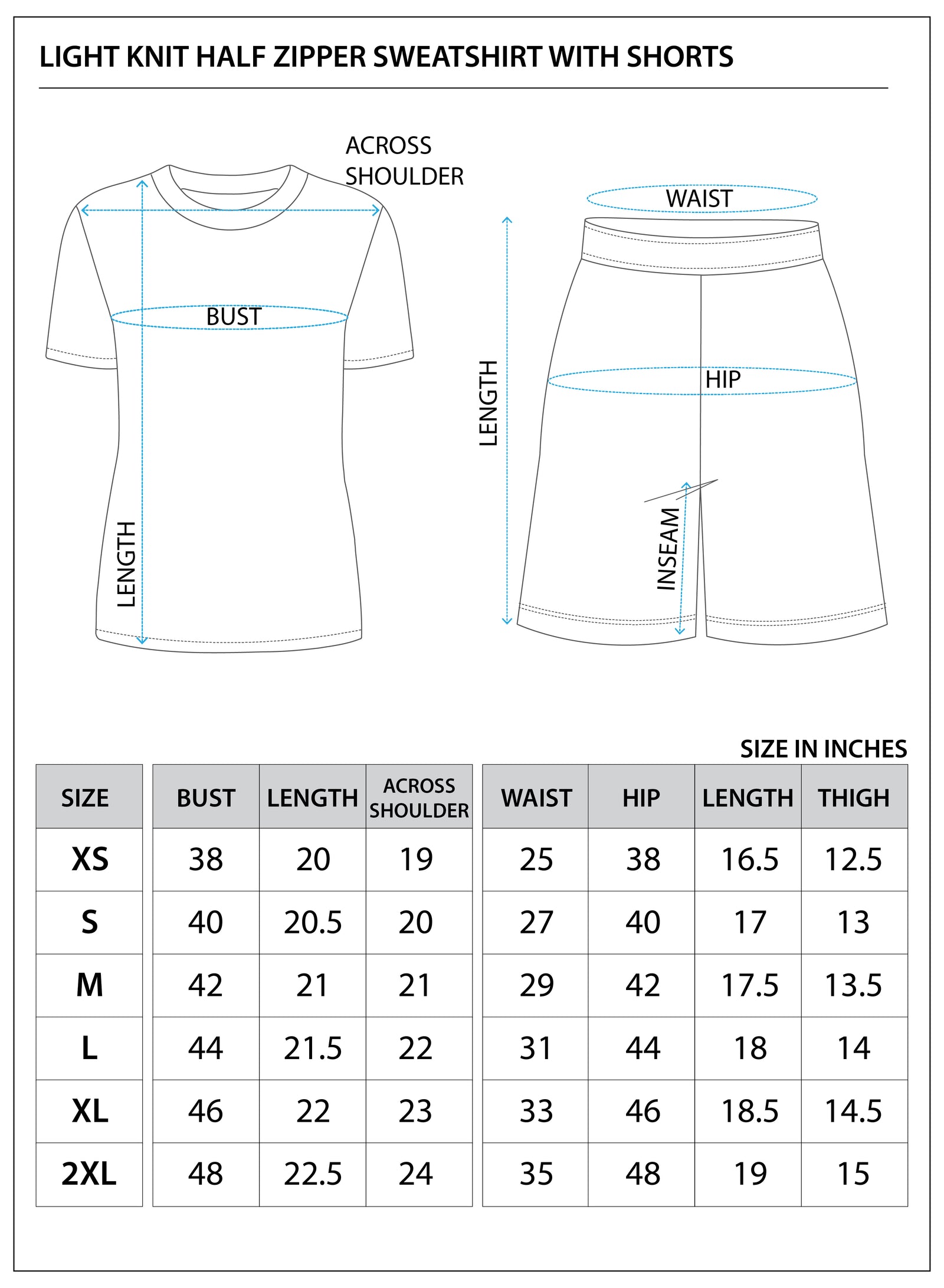 Size chart for Light Knit Half-Zipper Sweatshirt with Shorts