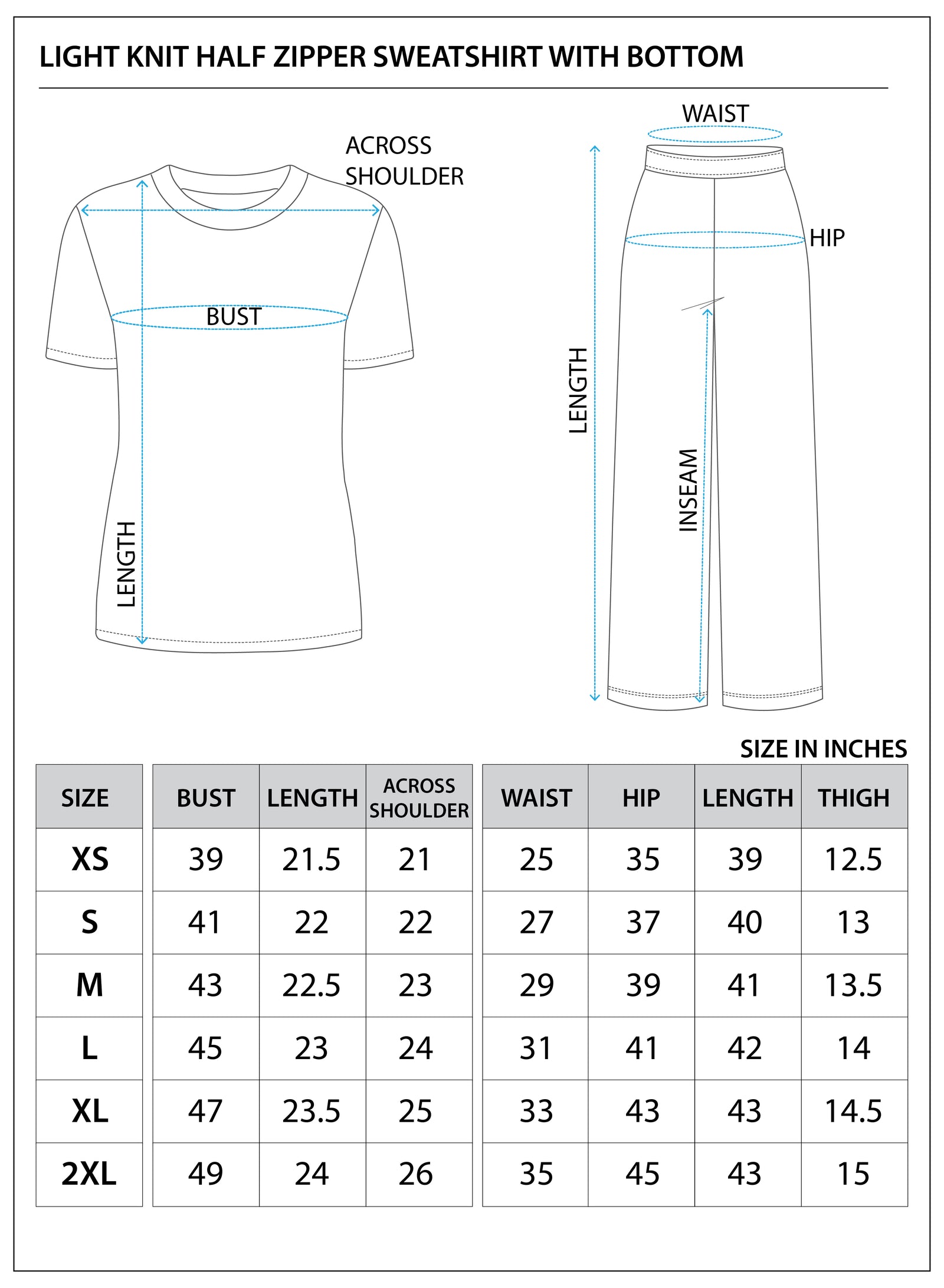 Size chart for Light Knit Half Zipper Sweatshirt with Bottom
