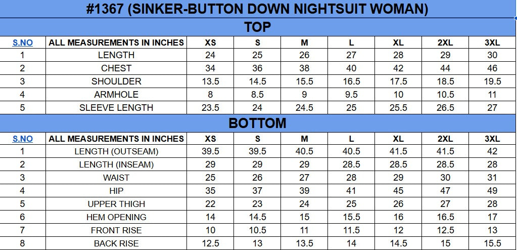 Size chart for BUTTON DOWN NIGHTSUIT||100% Cotton