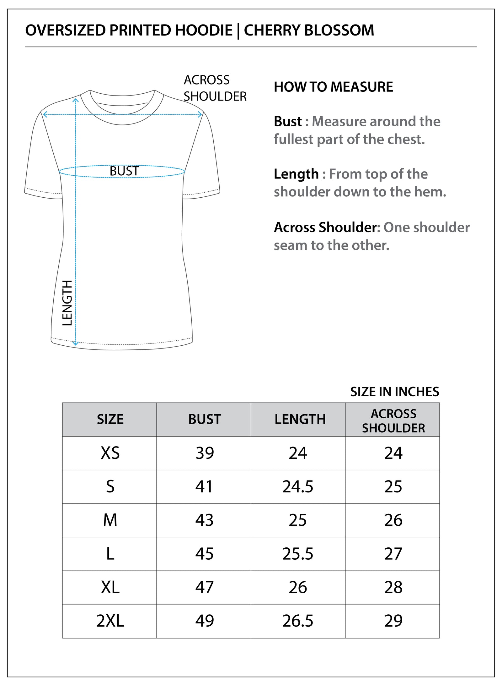 Size chart for The Sakura Fleece Hoodie