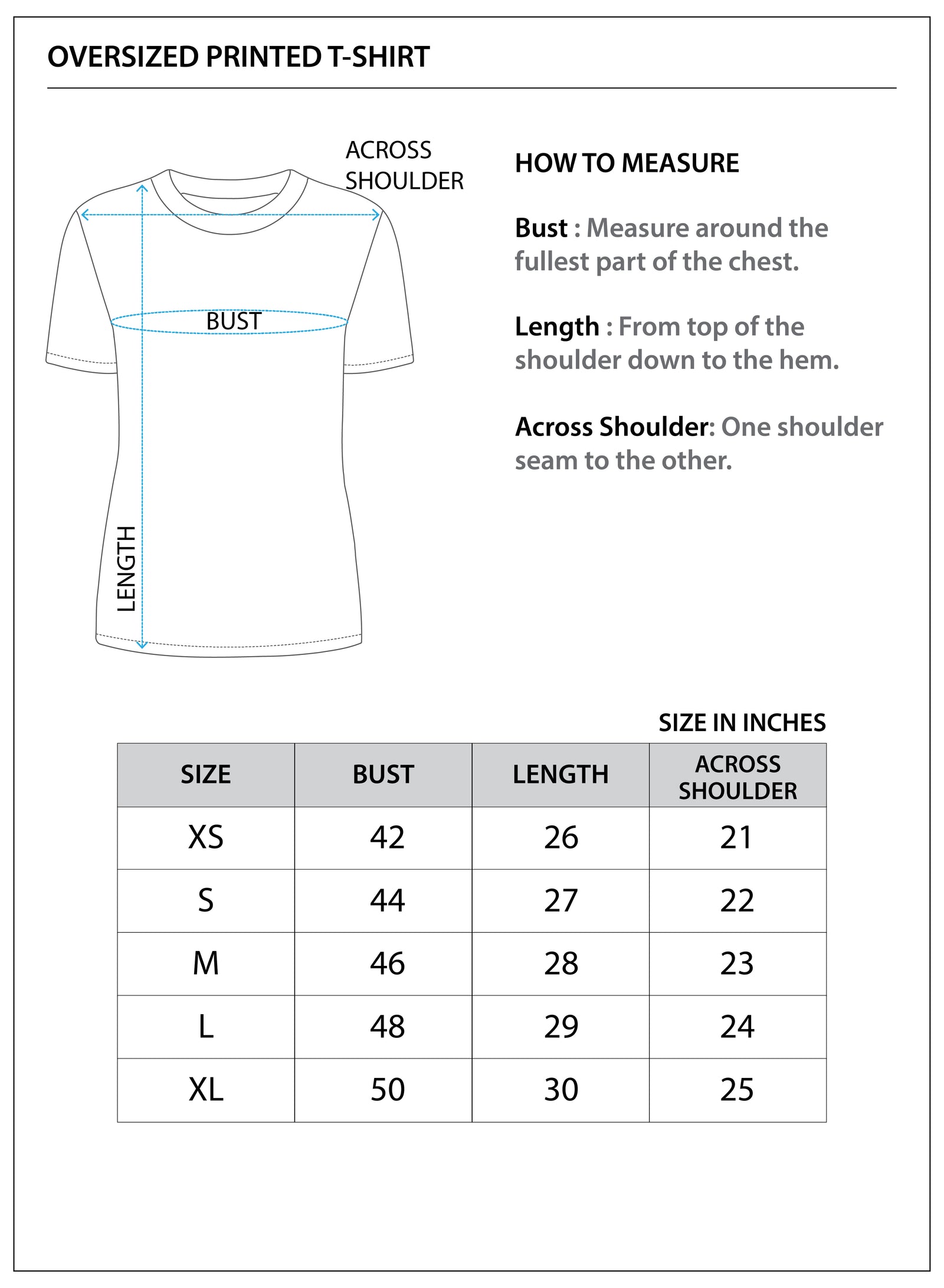 Size chart for Oversized Cotton Graphic T-Shirt