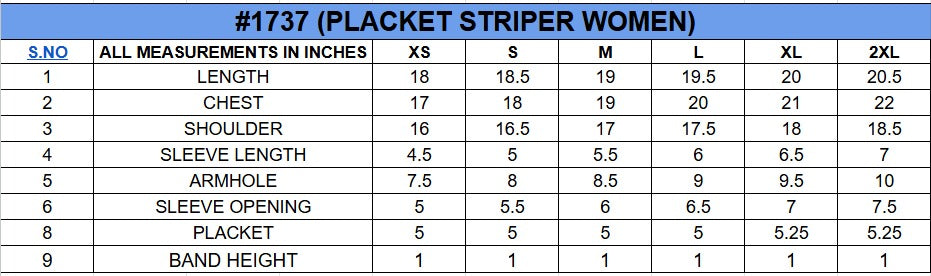 Size chart for STRIPED POLO T-SHIRT||WOMENS||100% Cotton