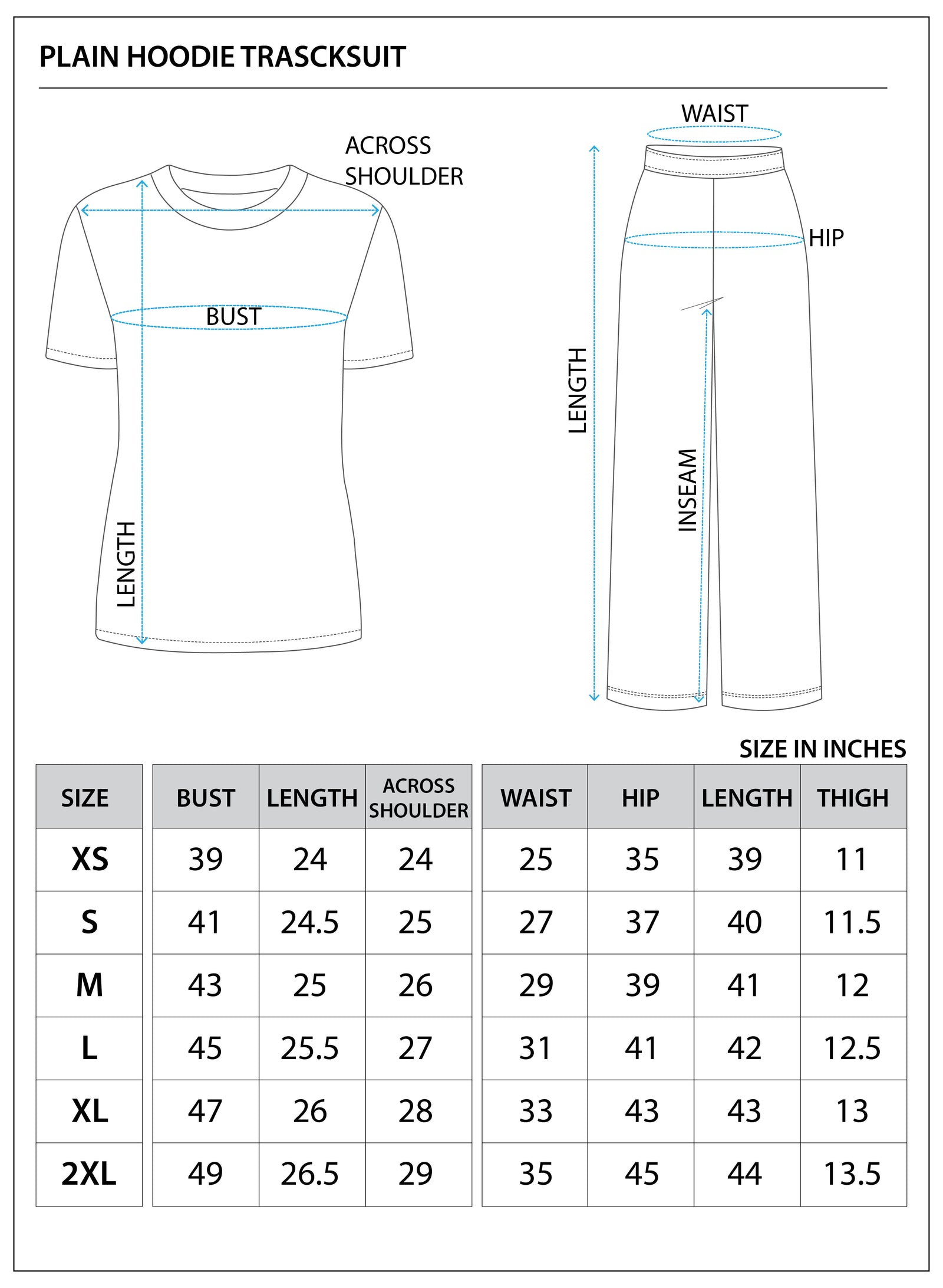 Size chart for Fleeced Hoodie Co-ord