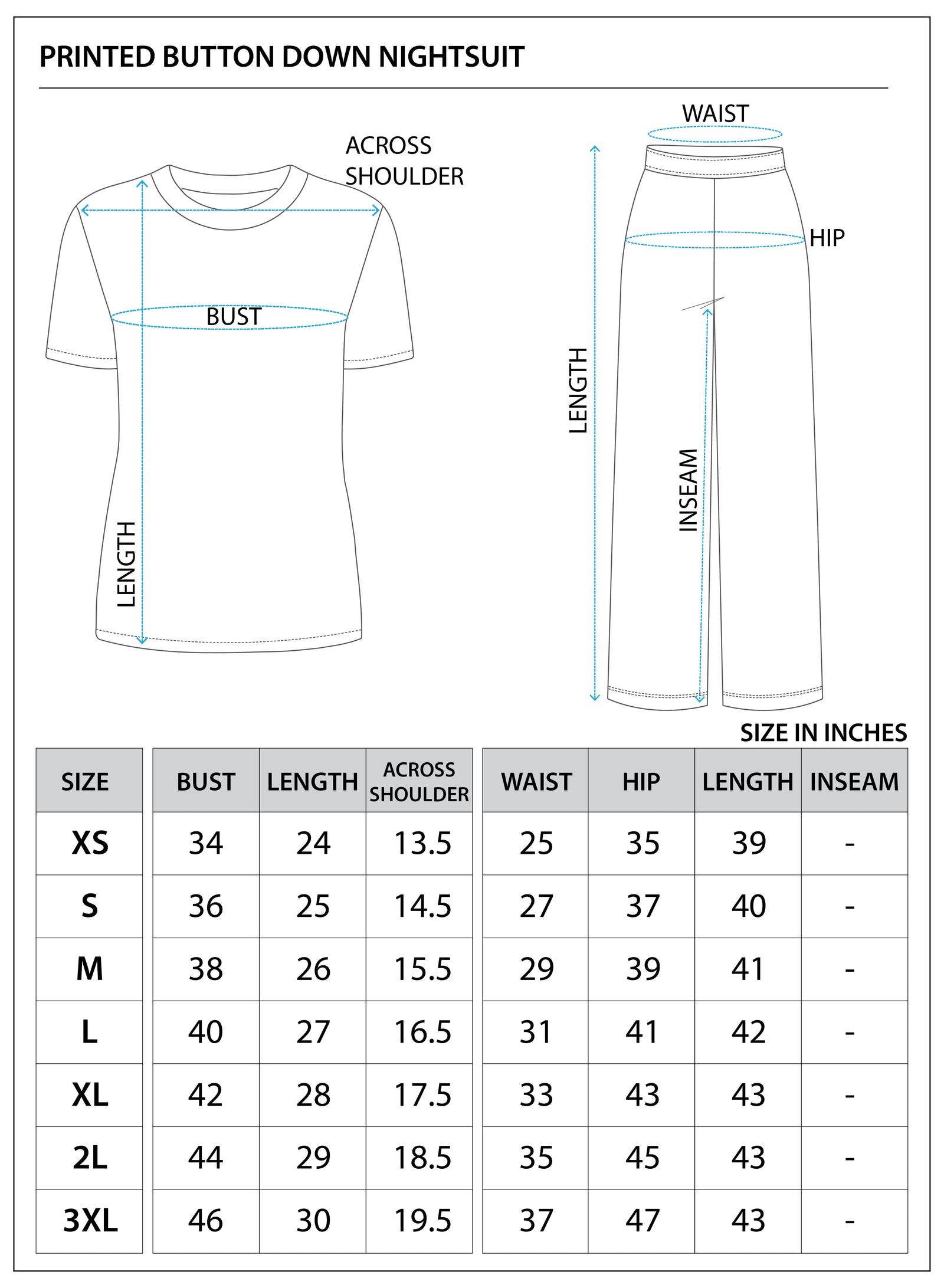 Size chart for Printed Nightsuit Set||100% Cotton