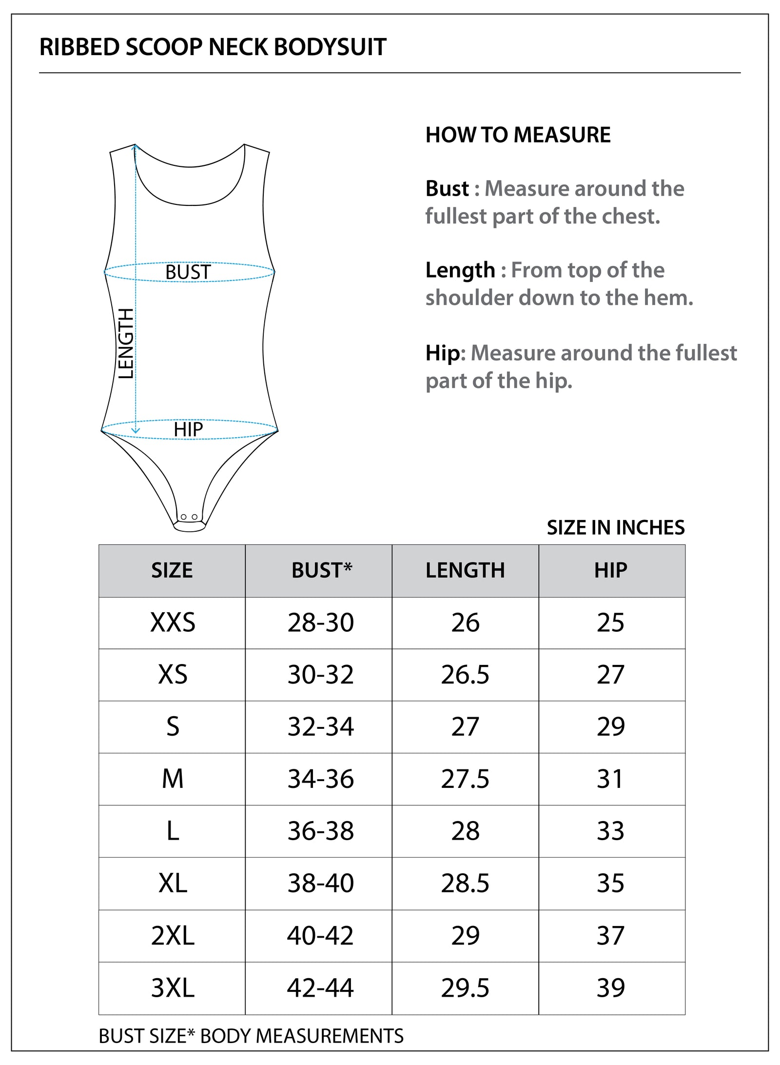 Size chart for Ribbed Scoopneck Bodysuit || Women || Oneway