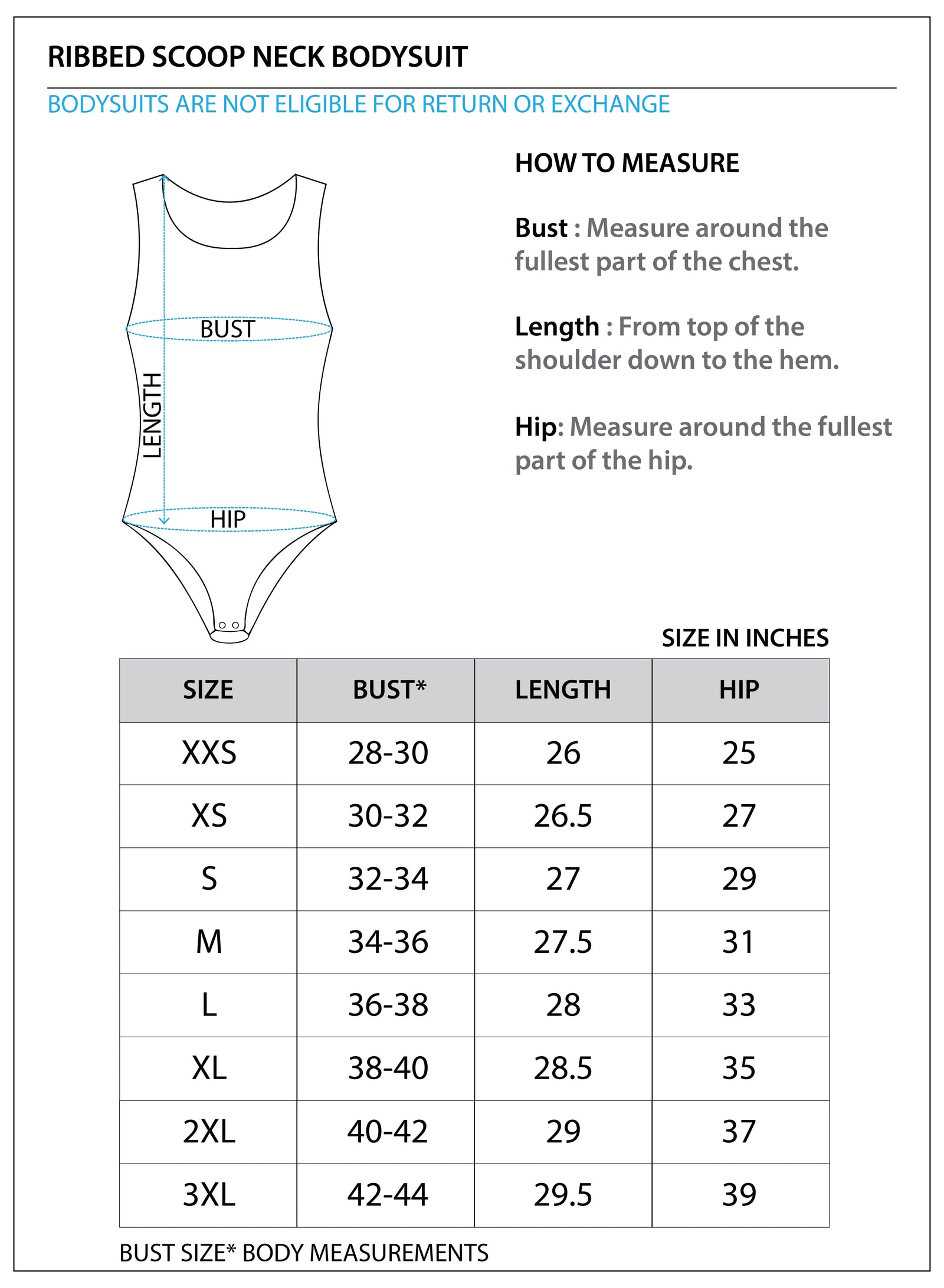 Size chart for Ribbed Scoopneck Bodysuit
