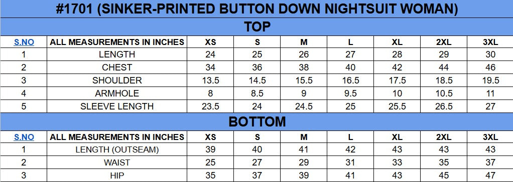 Size chart for Printed Nightsuit Set||Womens||100% Cotton