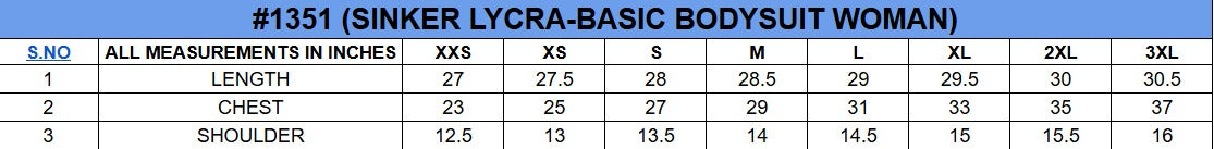 Size chart for Crew Neck Bodysuit||Womens||Cotton Rich