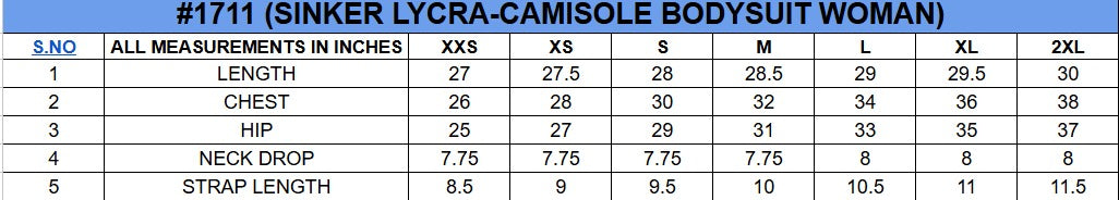 Size chart for Spaghetti Strap Bodysuit ||Womens||Oneway