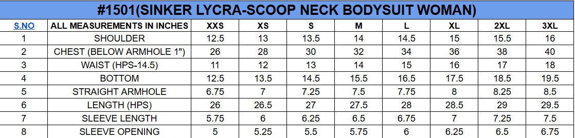 Size chart for Scoop Neck Cotton Bodysuit || Women's || Oneway