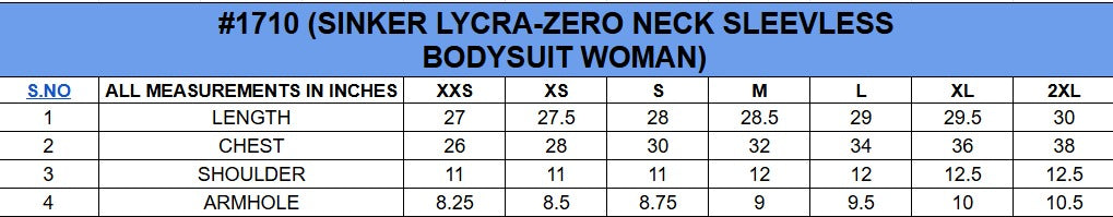 Size chart for Sleeveless Bodysuit||Womens||Cotton Rich