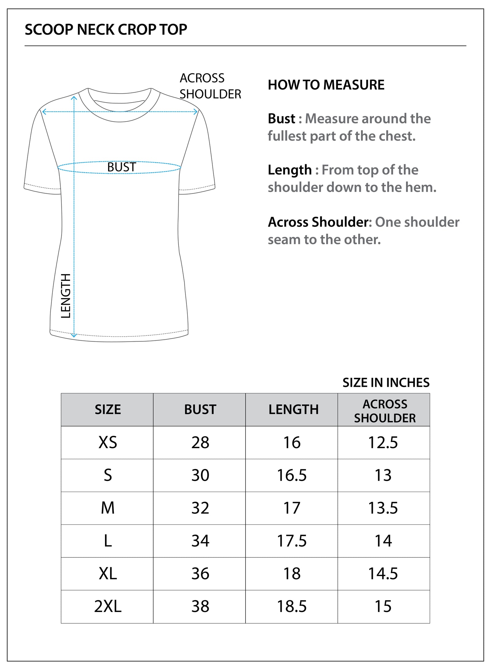Size chart for Scoop Neck Crop Top||Cotton Rich