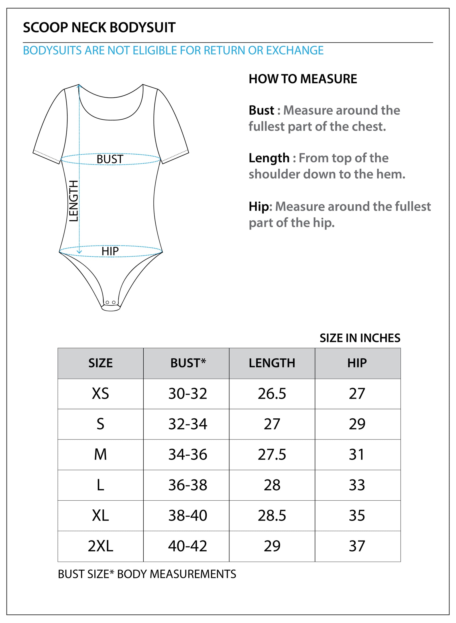 Size chart for Scoop Neck Cotton Bodysuit