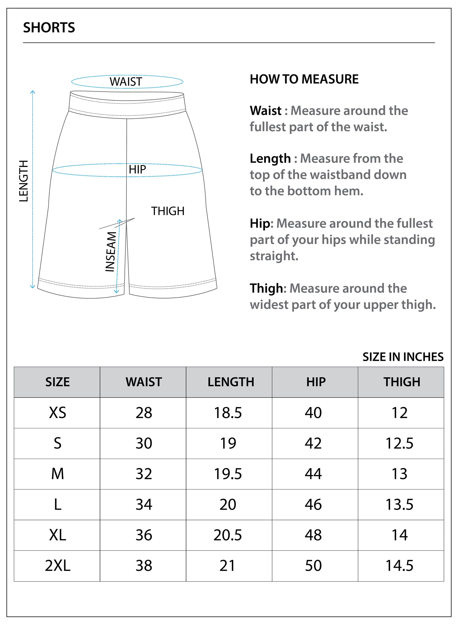 Size chart for COTTON KNIT SHORTS