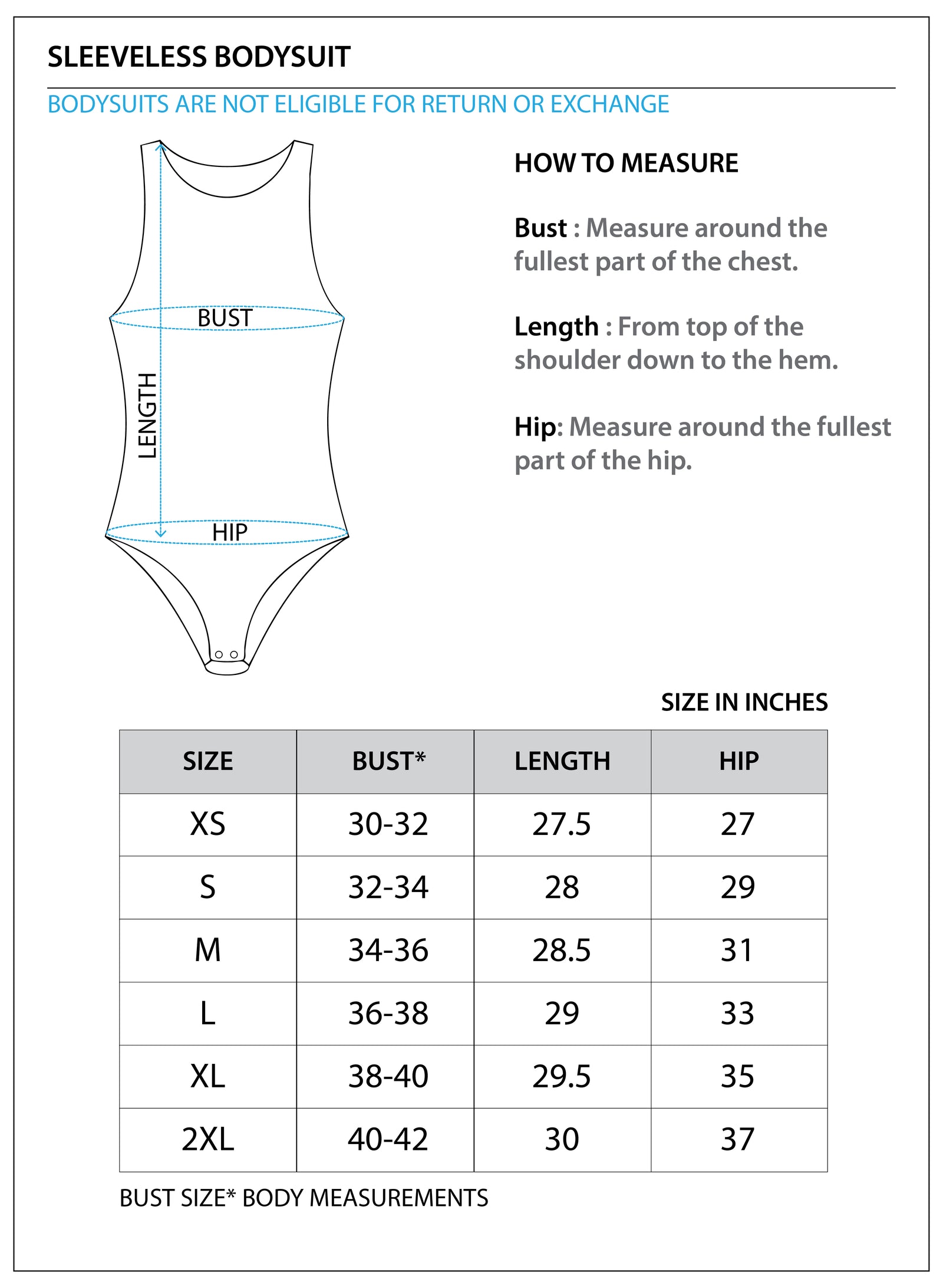 Size chart for Cotton Camisole Bodysuit