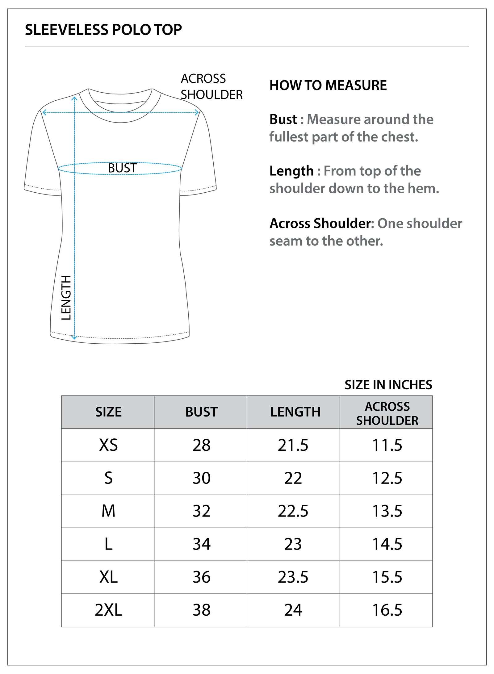 Size chart for Core Sleeveless Polo