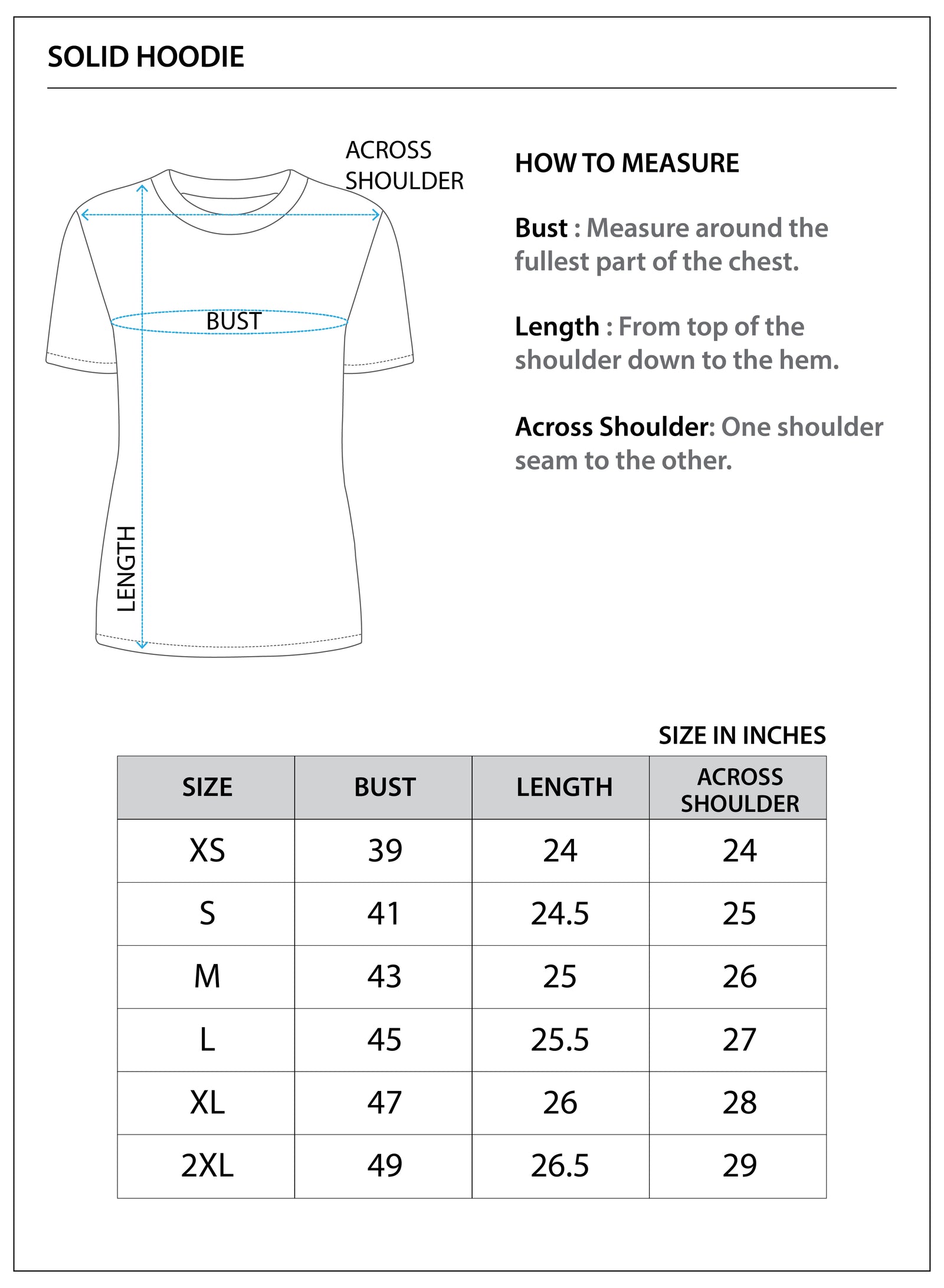Size chart for Women's Solid Hoodie