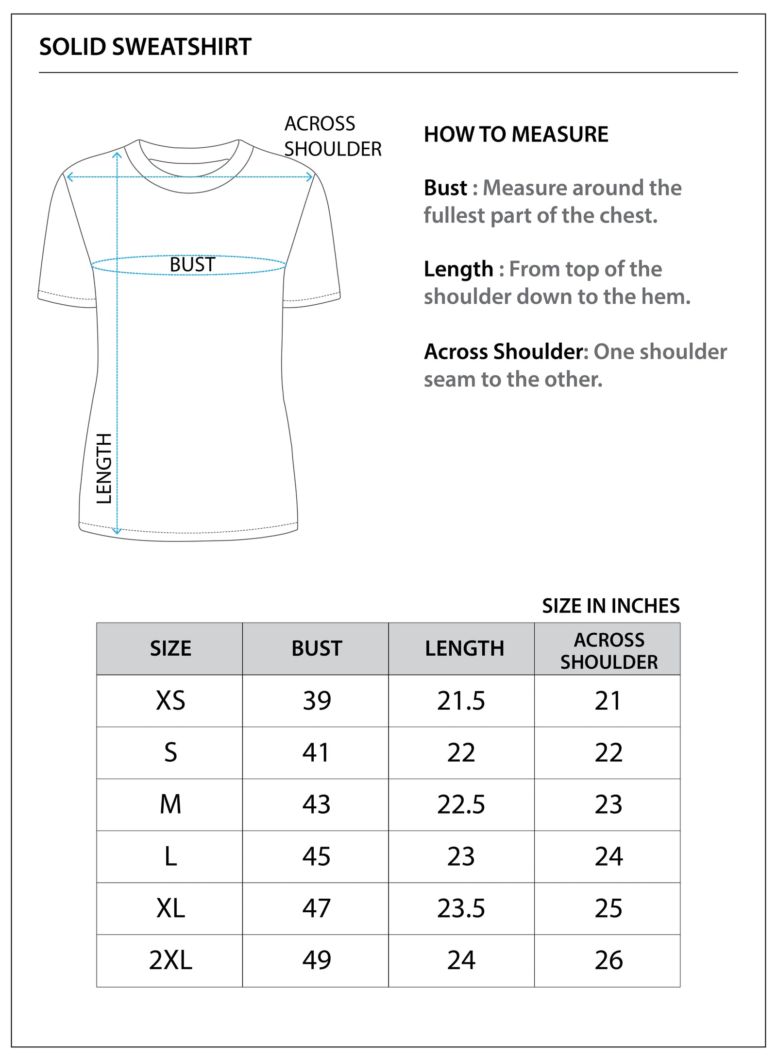Size chart for Women's Solid Sweatshirt