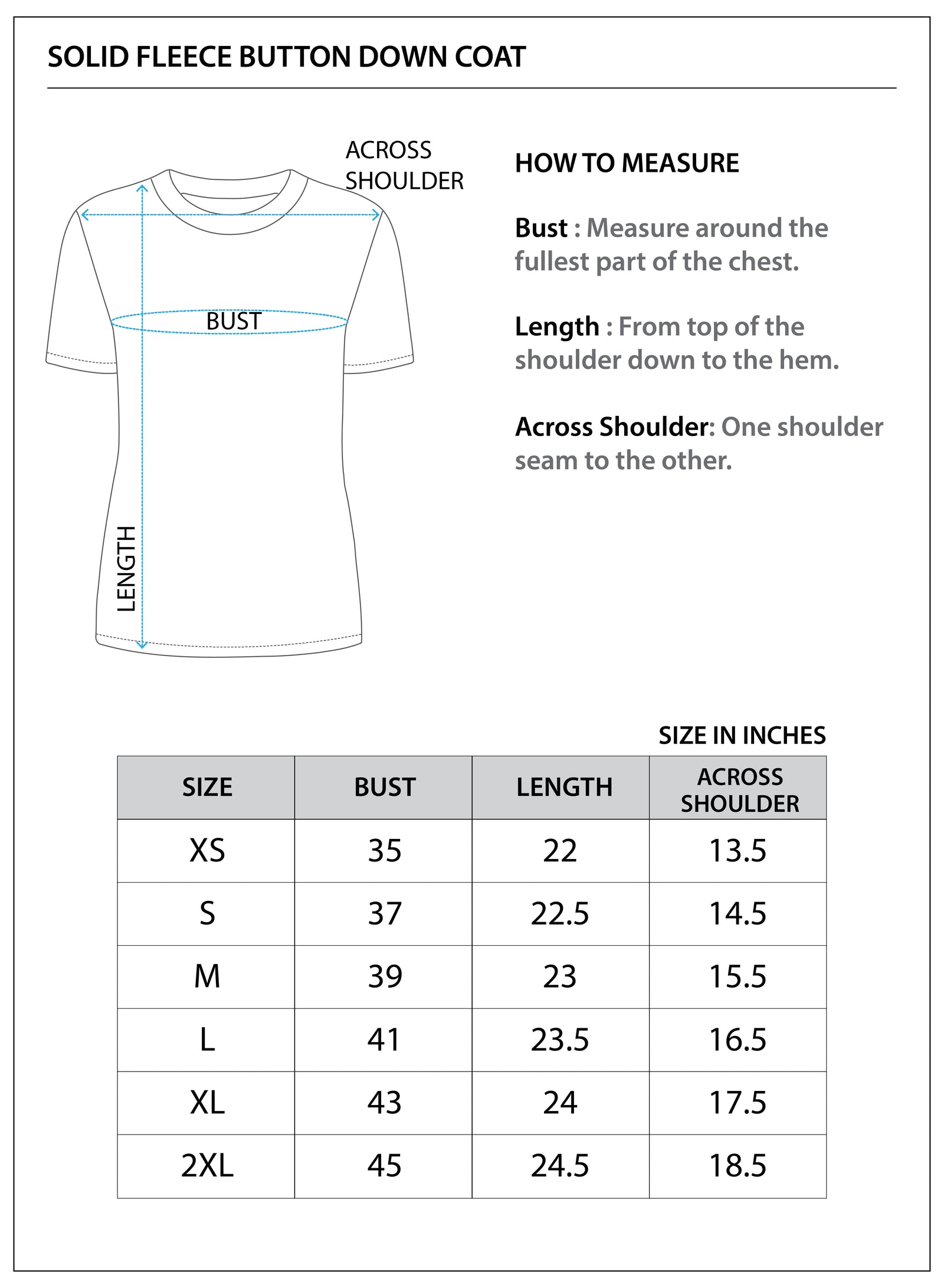 Size chart for Fleece Button Down Jacket